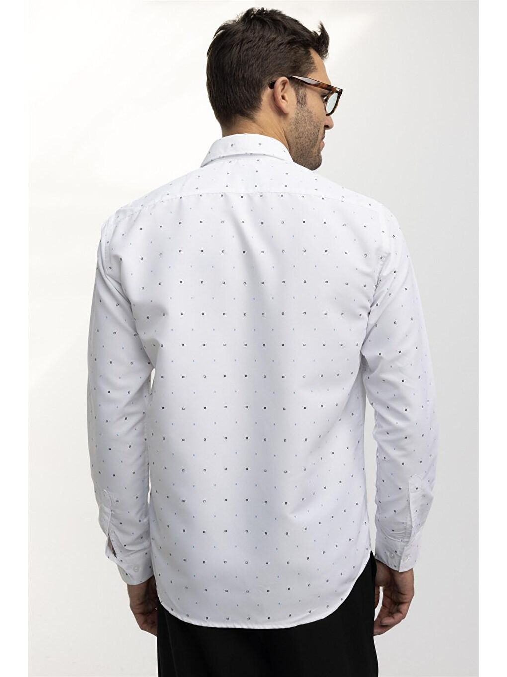 Klasik Fit Rahat Kesim Kolay Ütülenebilir Baskılı Erkek Beyaz Gömlek-3