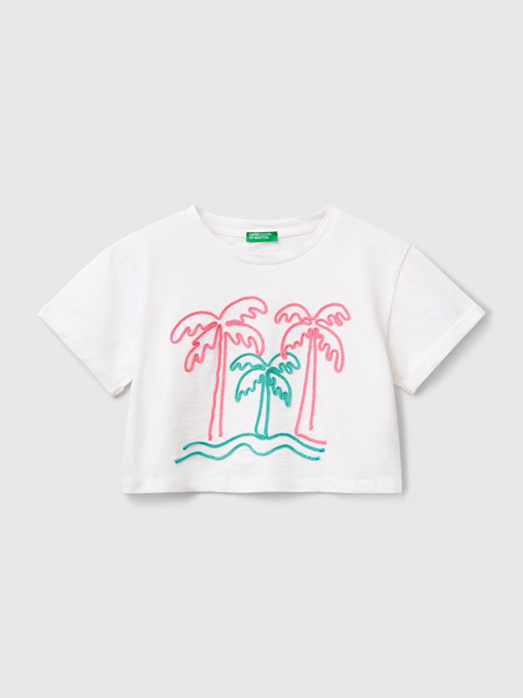 Kız Çocuk Beyaz Nakışlı Bisiklet Yaka Crop T-Shirt