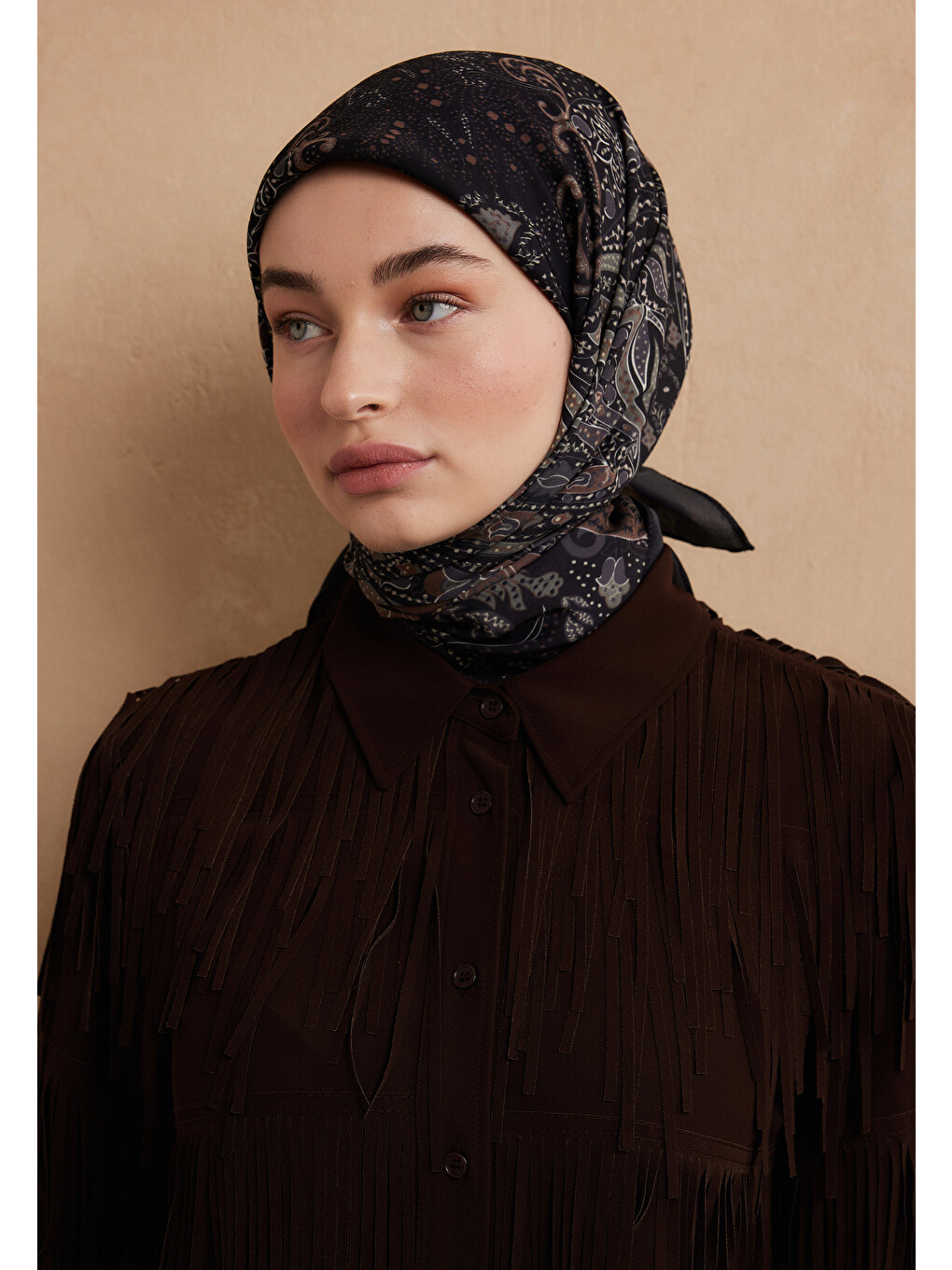 Eliza Desen Pamuk İpek Eşarp Siyah-3