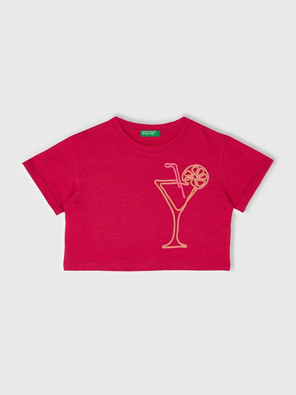 Kız Çocuk Fuşya Nakışlı Bisiklet Yaka Crop T-Shirt