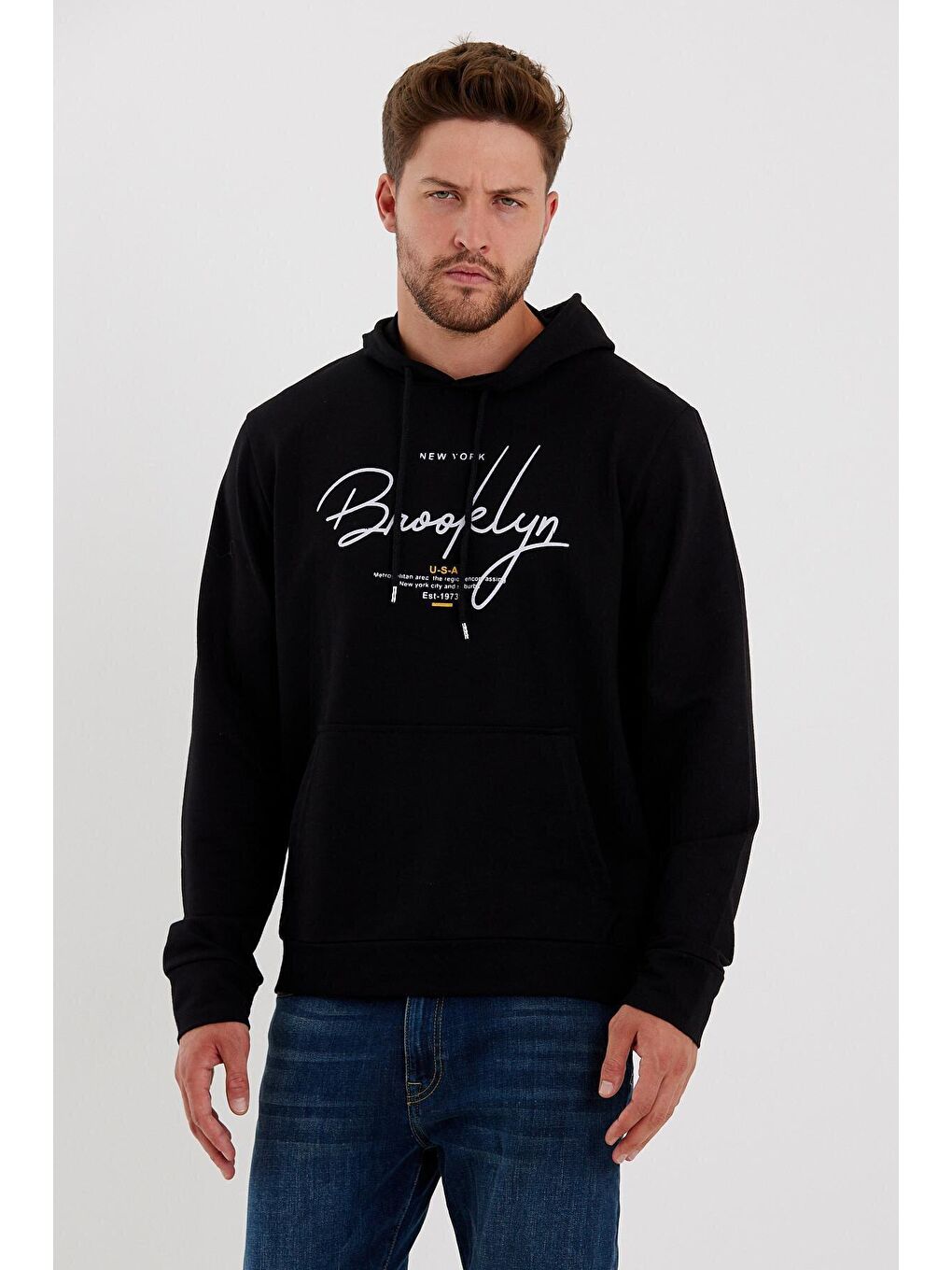 Süperlife Siyah Erkek Kapüşonlu Oversize Fit Brooklyn Baskılı İnce Sweatshirt SPR23SW361 - 3