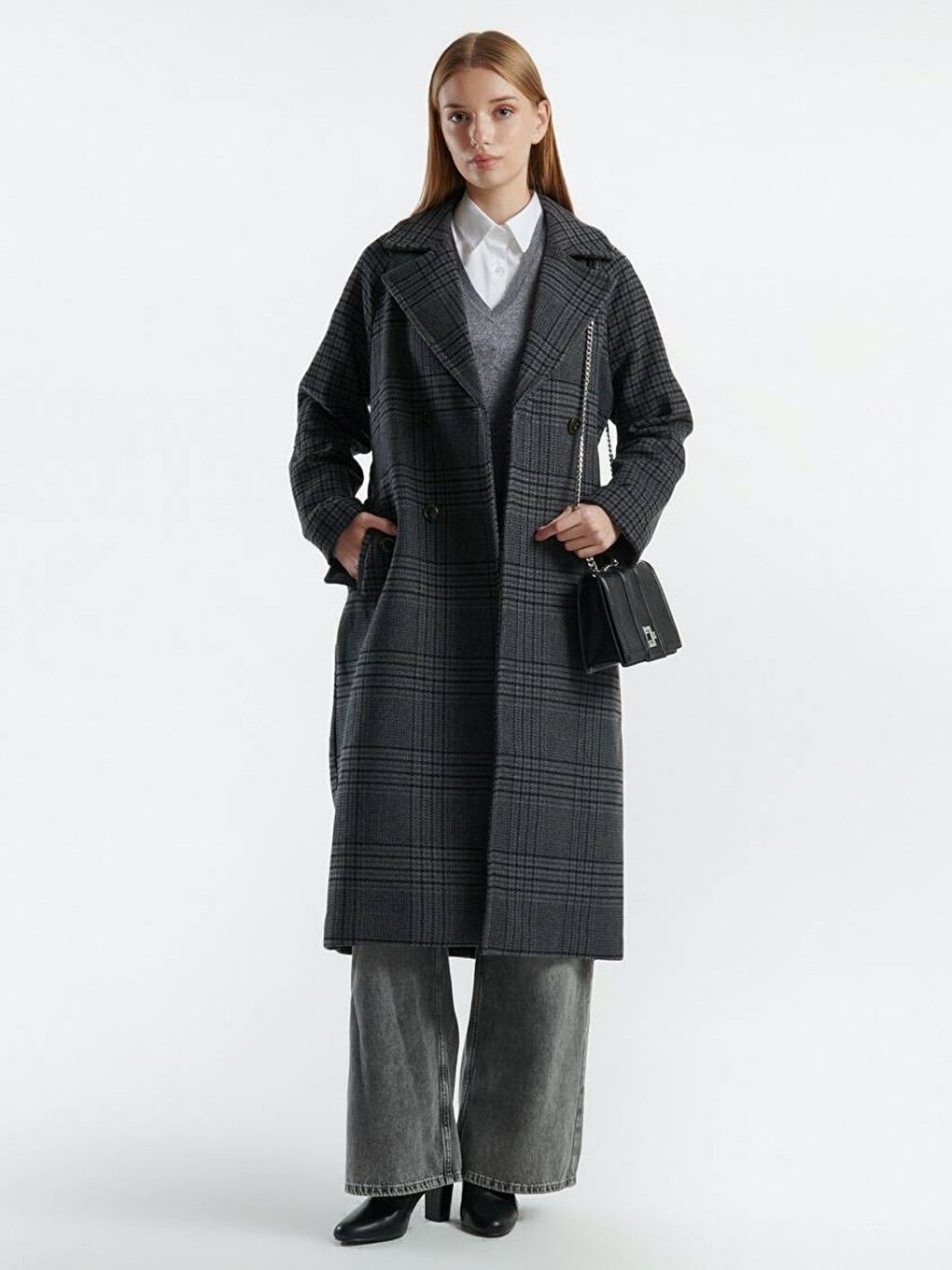 Kadın Antrasit Yün Karışımlı Kemer Bantlı Tamamı Desenli Dik Yaka Kaban