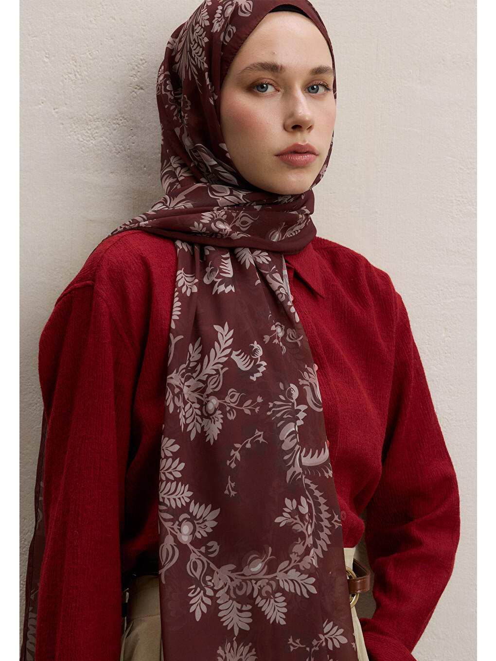 Rosella Desen İpek Krep Şal Bordo-3