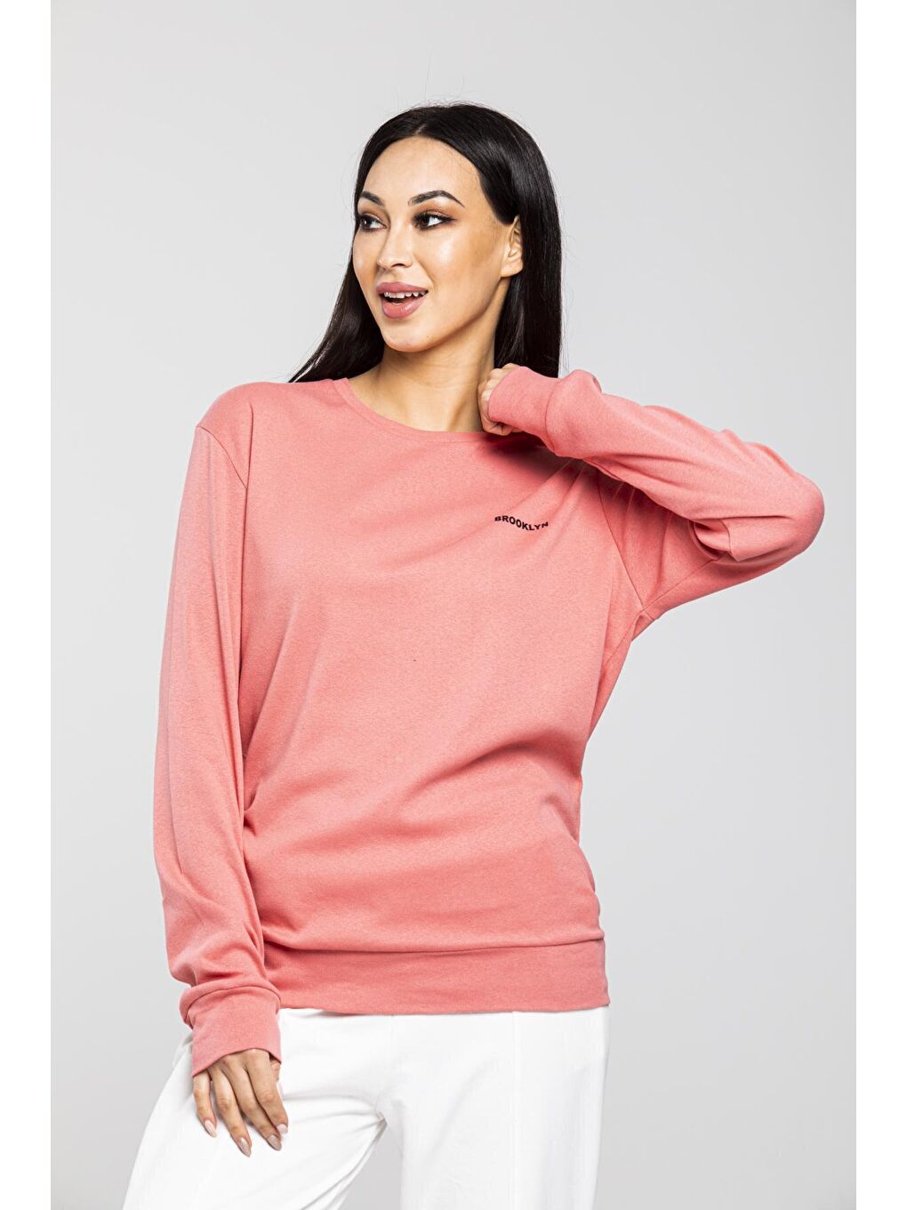 Süperlife Pembe Bisiklet Yaka Uzun Kollu Dar Kalıp İnce Sweatshirt SPR21K18