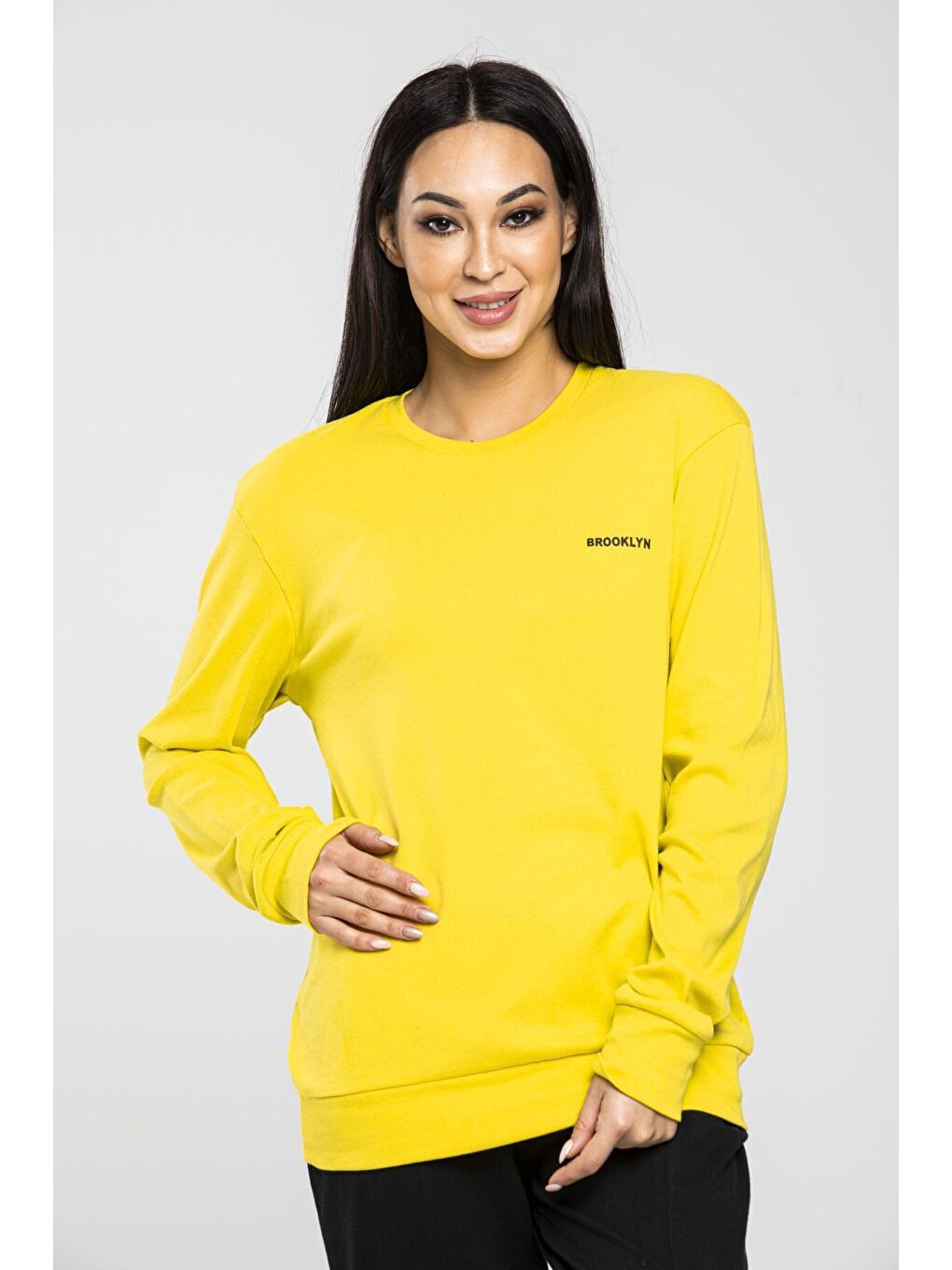 Süperlife Sarı Bisiklet Yaka Uzun Kollu Dar Kalıp İnce Sweatshirt SPR21K18