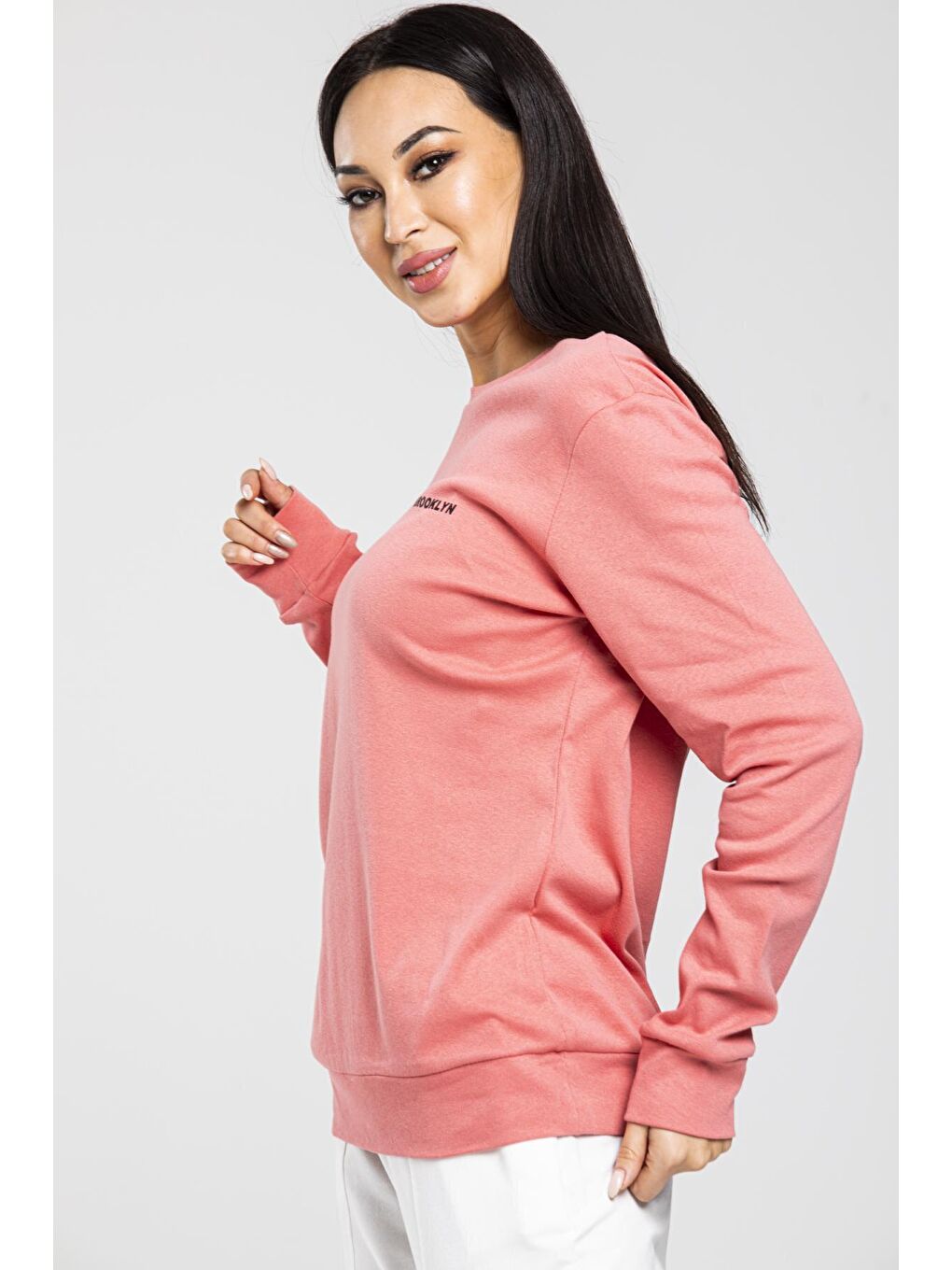 Süperlife Pembe Bisiklet Yaka Uzun Kollu Dar Kalıp İnce Sweatshirt SPR21K18 - 2