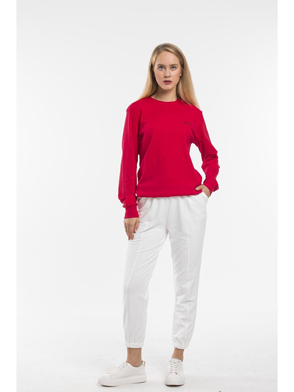 Kırmızı Bisiklet Yaka Uzun Kollu Dar Kalıp İnce Sweatshirt SPR21K18-1