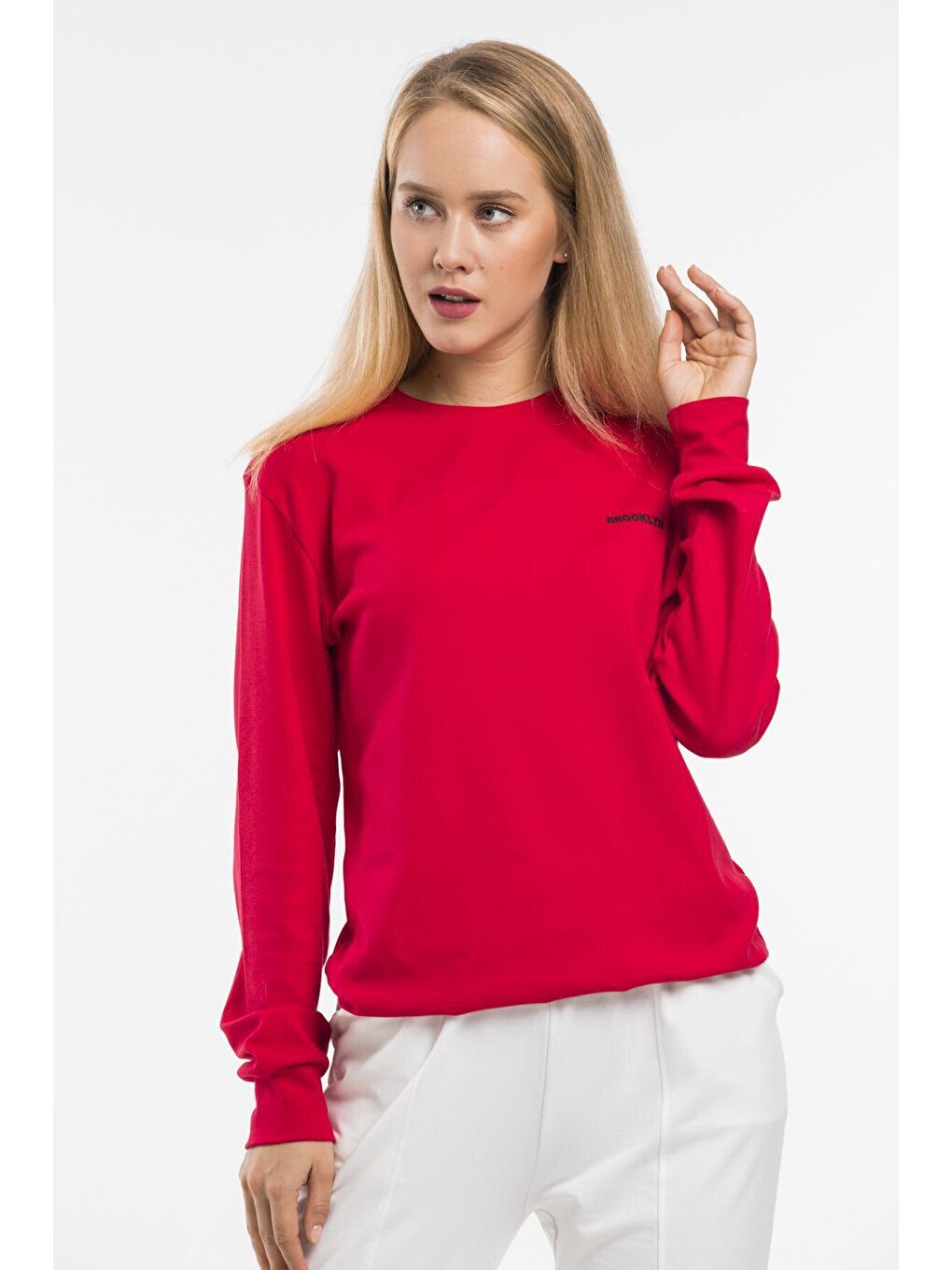 Kırmızı Bisiklet Yaka Uzun Kollu Dar Kalıp İnce Sweatshirt SPR21K18-2