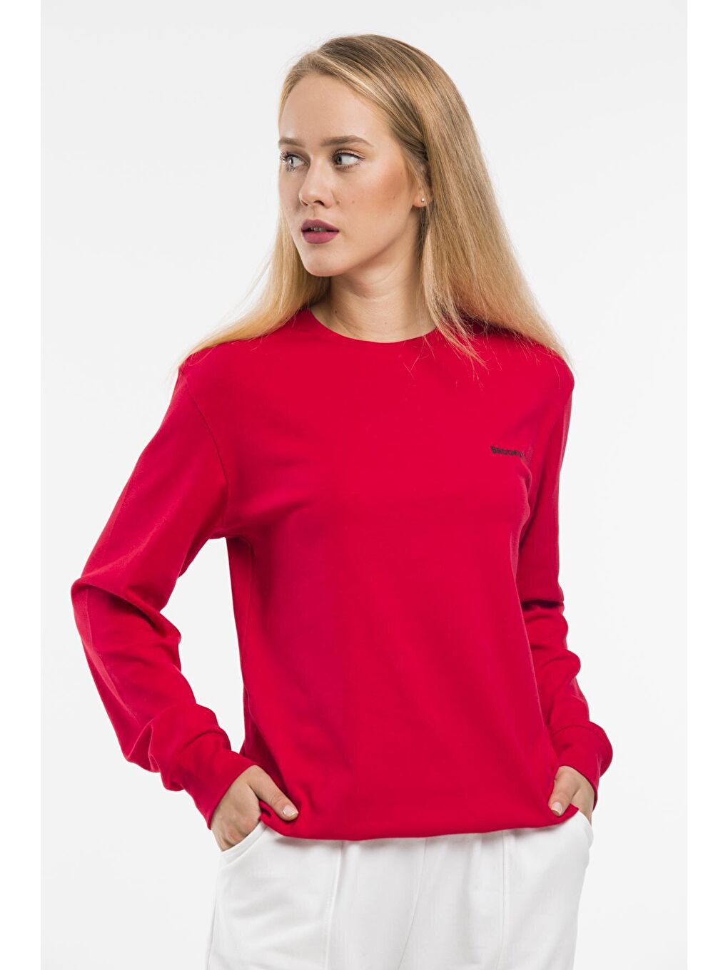 Kırmızı Bisiklet Yaka Uzun Kollu Dar Kalıp İnce Sweatshirt SPR21K18-3