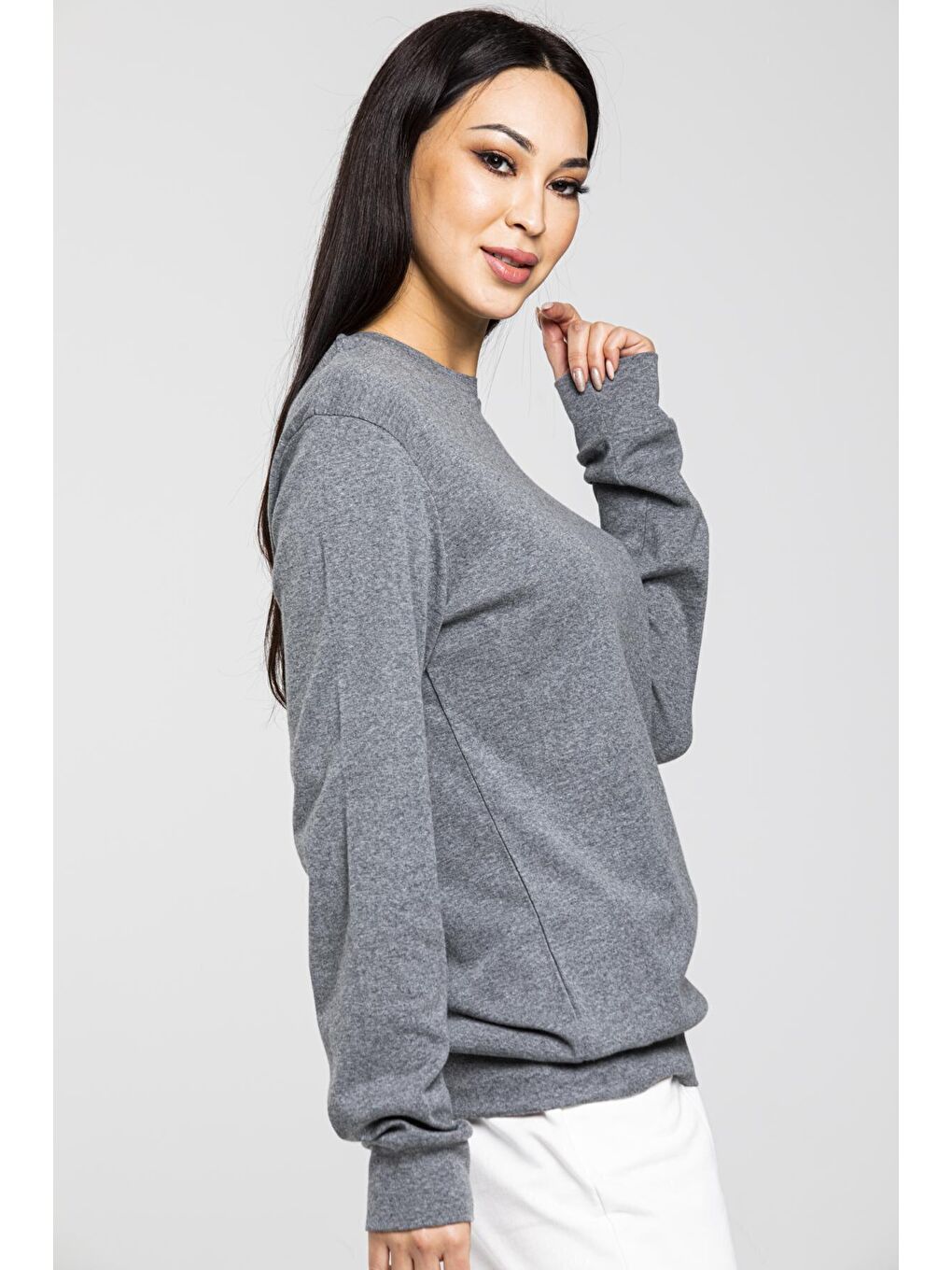 Süperlife Gri Bisiklet Yaka Uzun Kollu Dar Kalıp İnce Sweatshirt SPR21K18 - 1