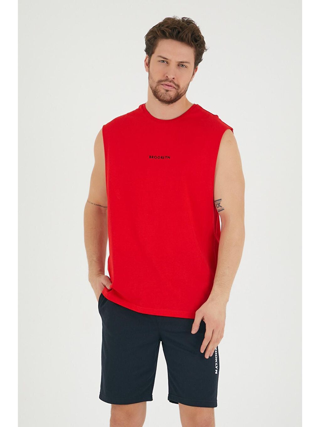 Kırmızı Erkek Bisiklet Yaka Regular Fit Brooklyn Baskılı Tişört SPR22TS122-1