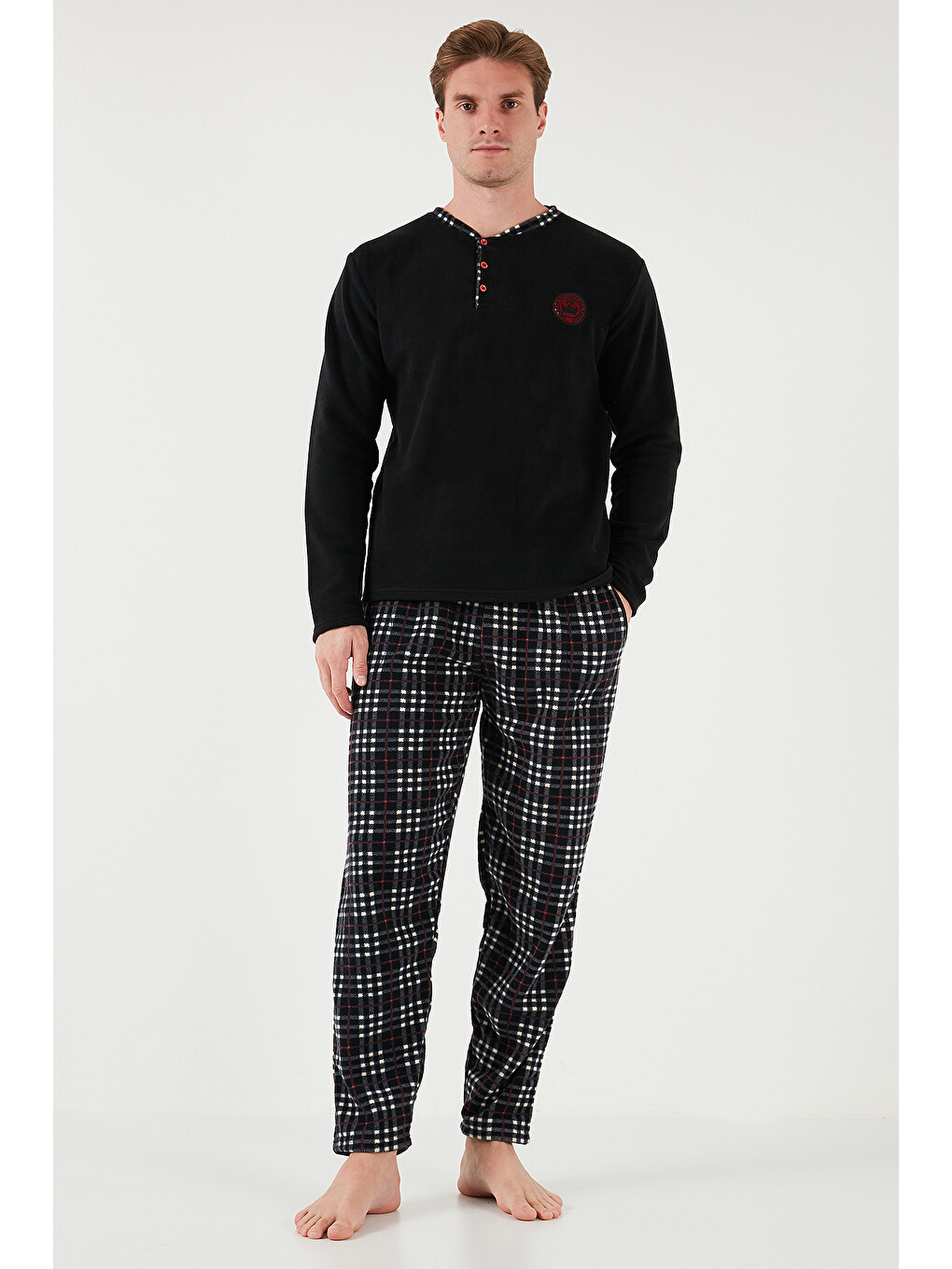 Siyah Regular Fit Bisiklet Yaka Kışlık Yumuşak Dokulu Polar Erkek Pijama Takımı 6096100-1