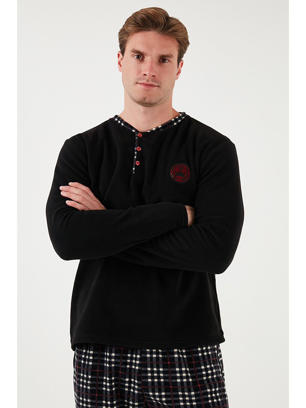 Siyah Regular Fit Bisiklet Yaka Kışlık Yumuşak Dokulu Polar Erkek Pijama Takımı 6096100-2