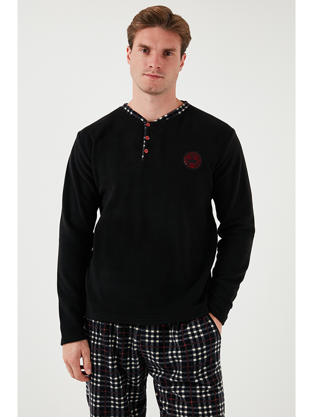 Siyah Regular Fit Bisiklet Yaka Kışlık Yumuşak Dokulu Polar Erkek Pijama Takımı 6096100-3