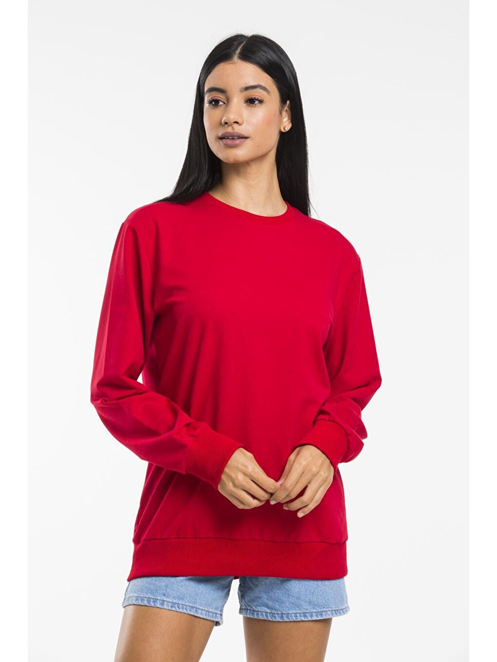 Kırmızı Kadın Bisiklet Yaka Regular Kalıp İnce Pamuklu Sweatshirt SPR21K30