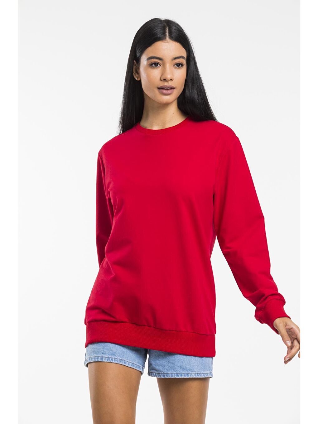 Kırmızı Kadın Bisiklet Yaka Regular Kalıp İnce Pamuklu Sweatshirt SPR21K30-1