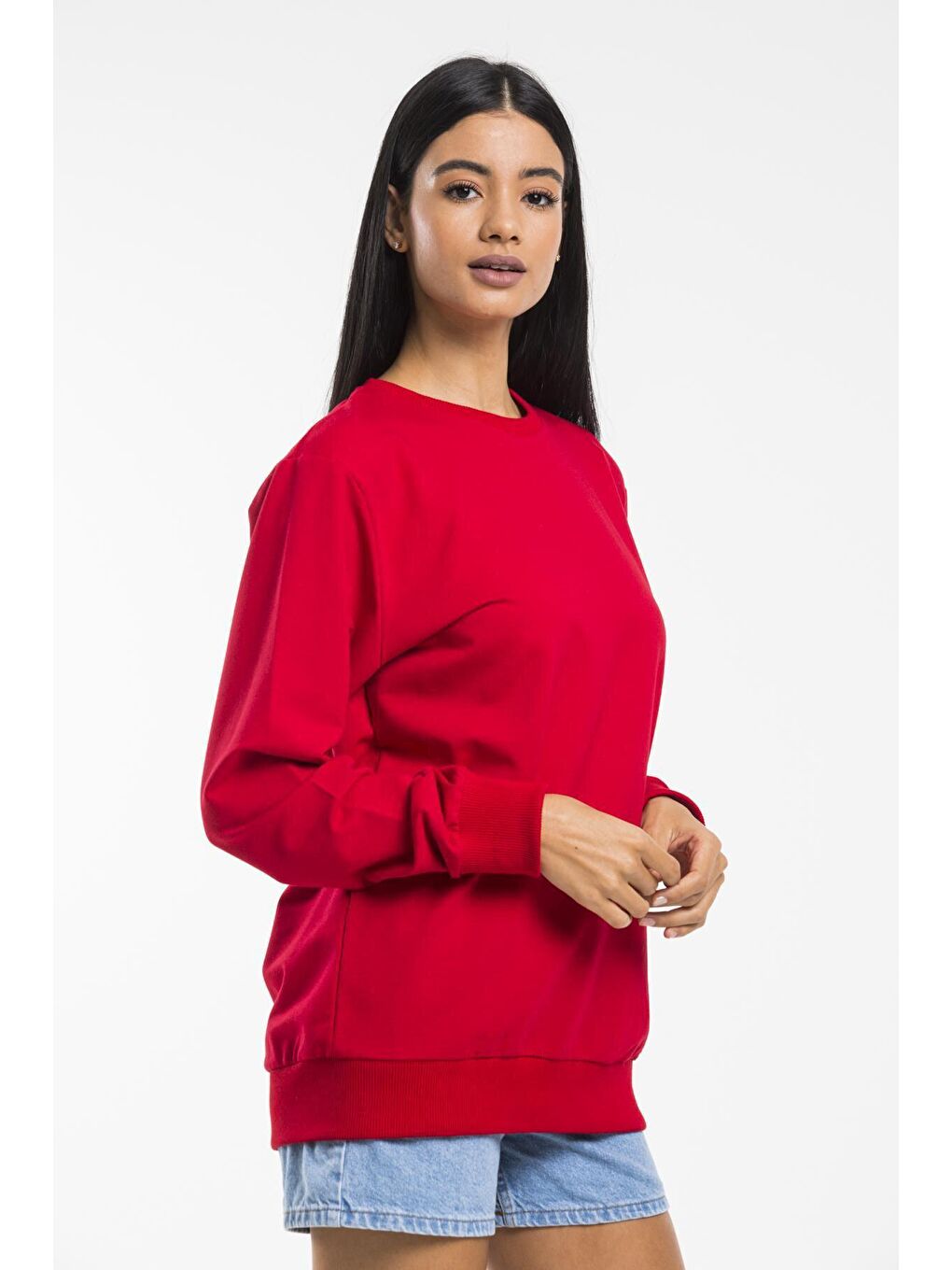 Kırmızı Kadın Bisiklet Yaka Regular Kalıp İnce Pamuklu Sweatshirt SPR21K30-2