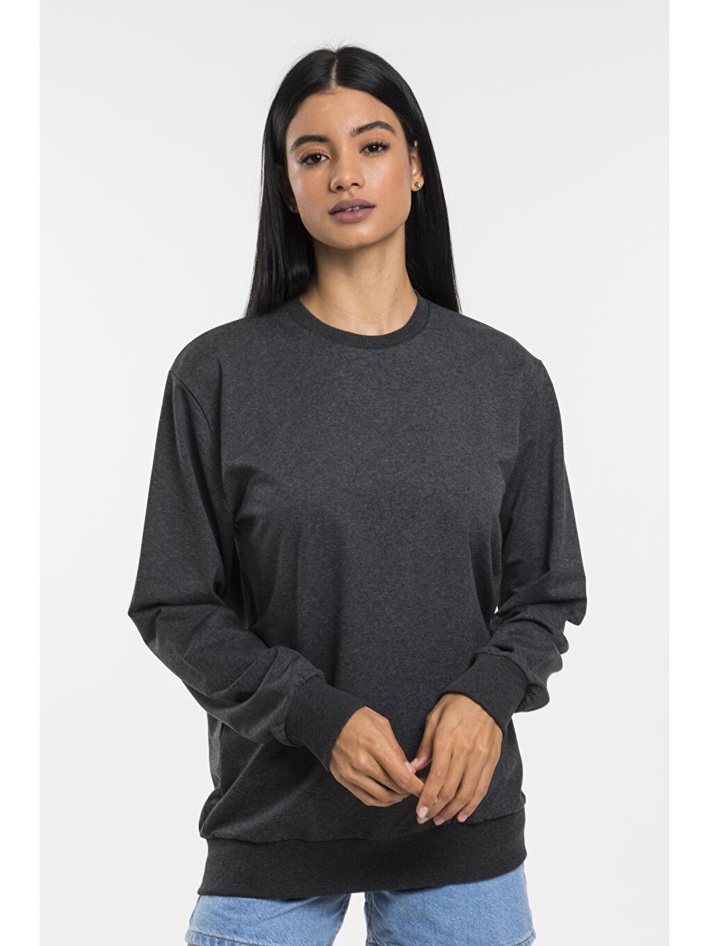 Antrasit Kadın Bisiklet Yaka Regular Kalıp İnce Pamuklu Sweatshirt SPR21K30-1