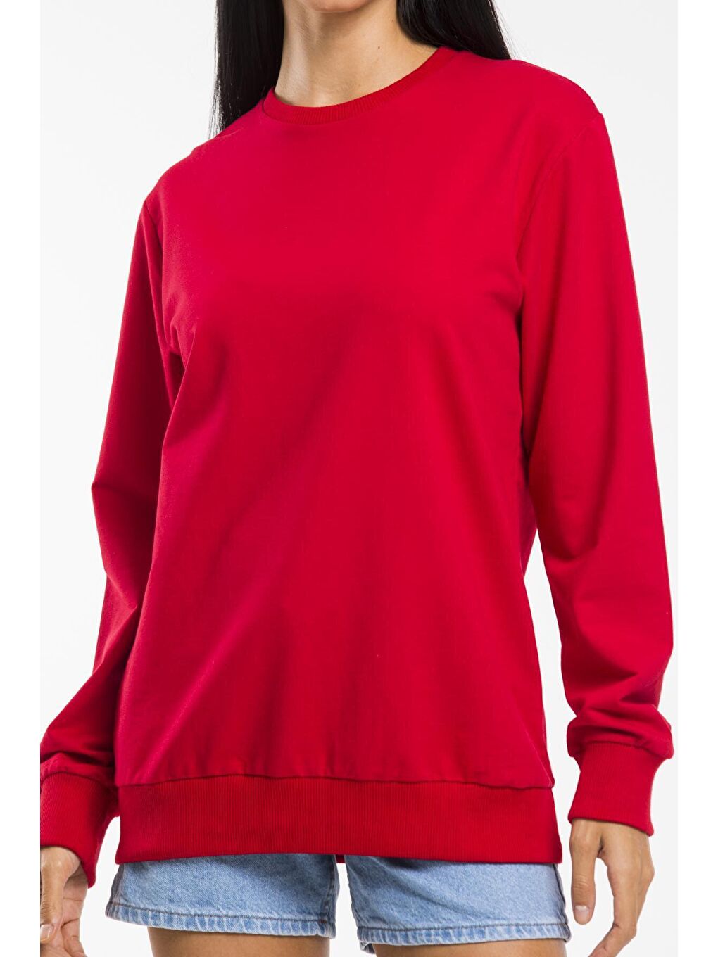 Kırmızı Kadın Bisiklet Yaka Regular Kalıp İnce Pamuklu Sweatshirt SPR21K30-3