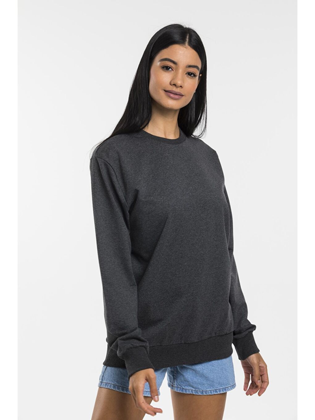 Antrasit Kadın Bisiklet Yaka Regular Kalıp İnce Pamuklu Sweatshirt SPR21K30-3