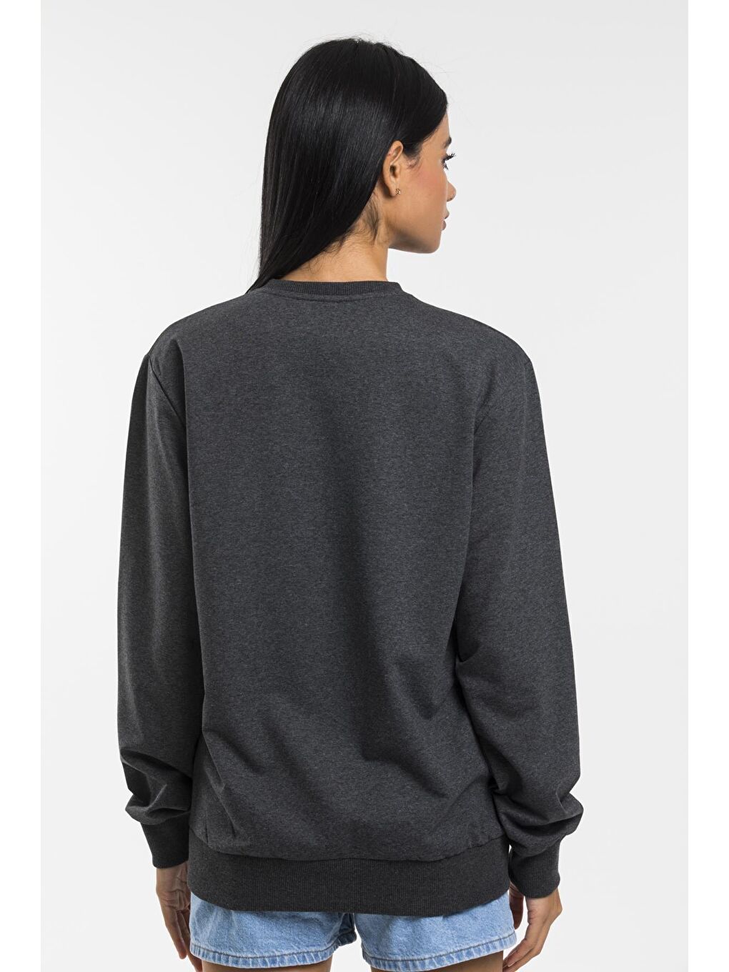 Antrasit Kadın Bisiklet Yaka Regular Kalıp İnce Pamuklu Sweatshirt SPR21K30-4