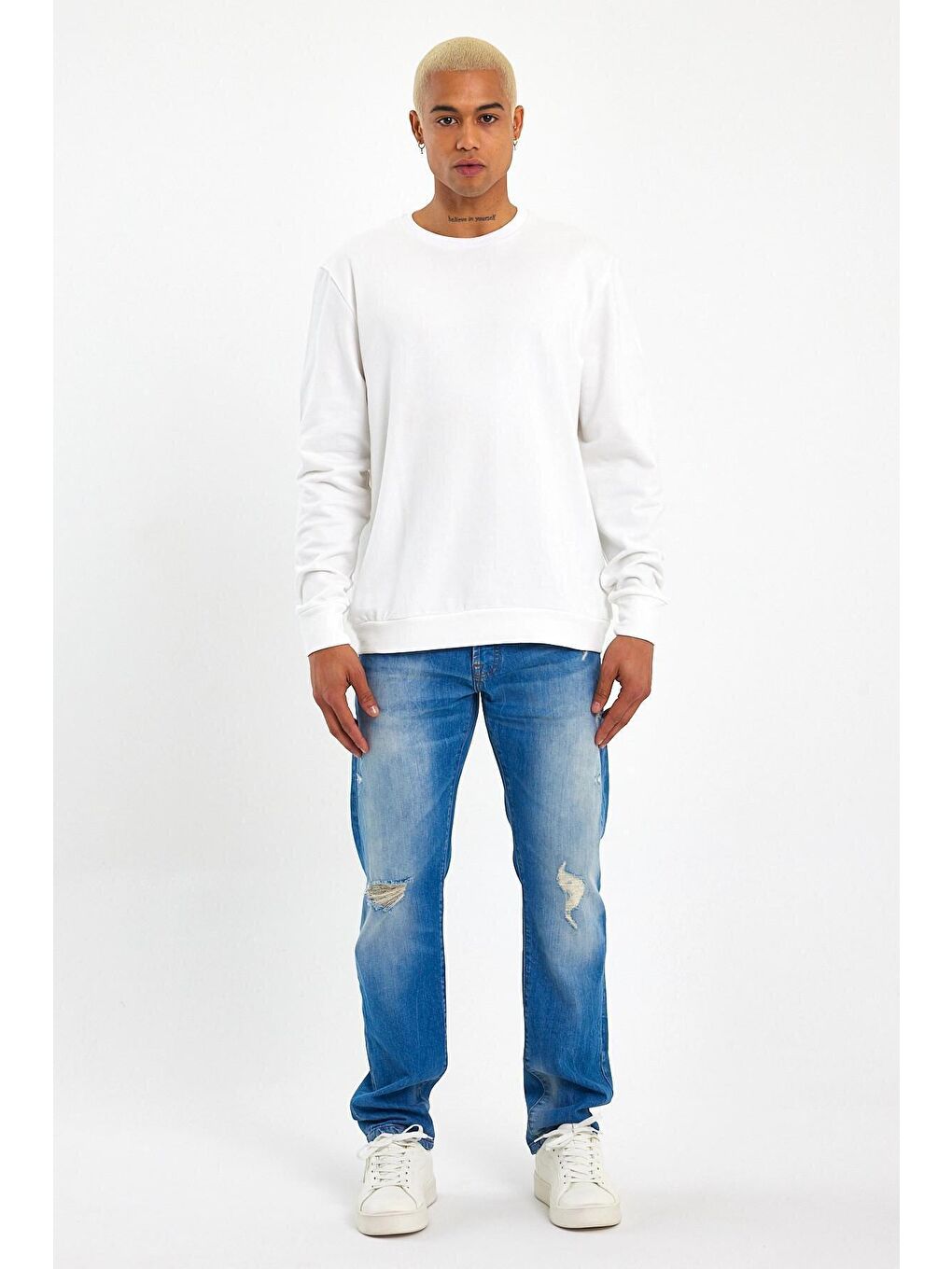 Ekru Erkek Bisiklet Yaka Regular Fit İnce Büyük Beden Sweatshirt SPR 20K30