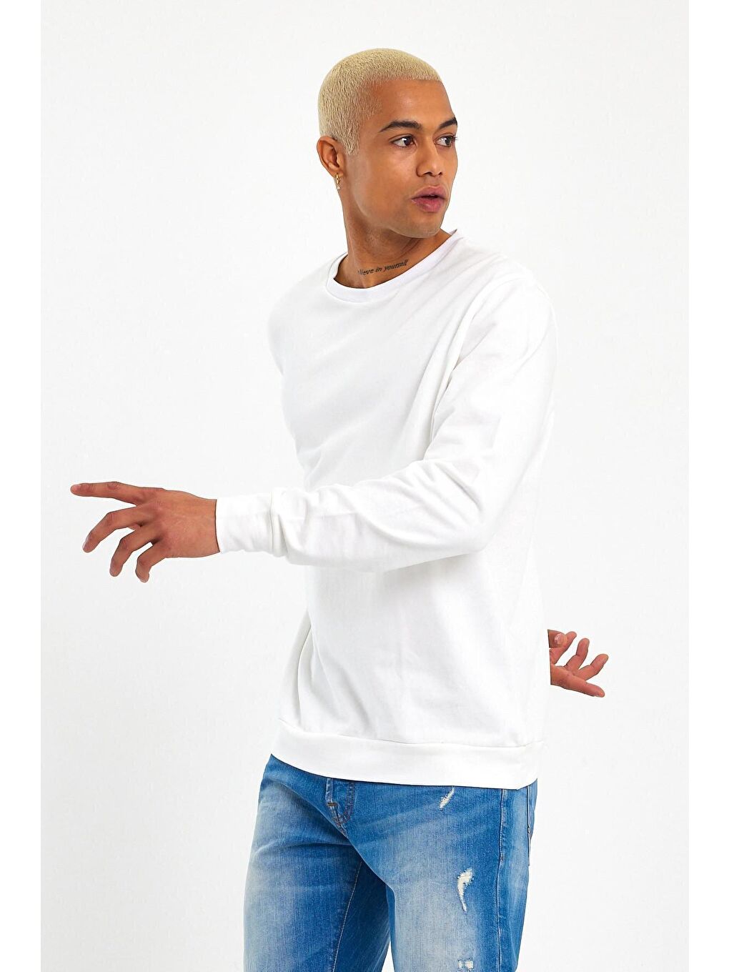 Ekru Erkek Bisiklet Yaka Regular Fit İnce Büyük Beden Sweatshirt SPR 20K30-5