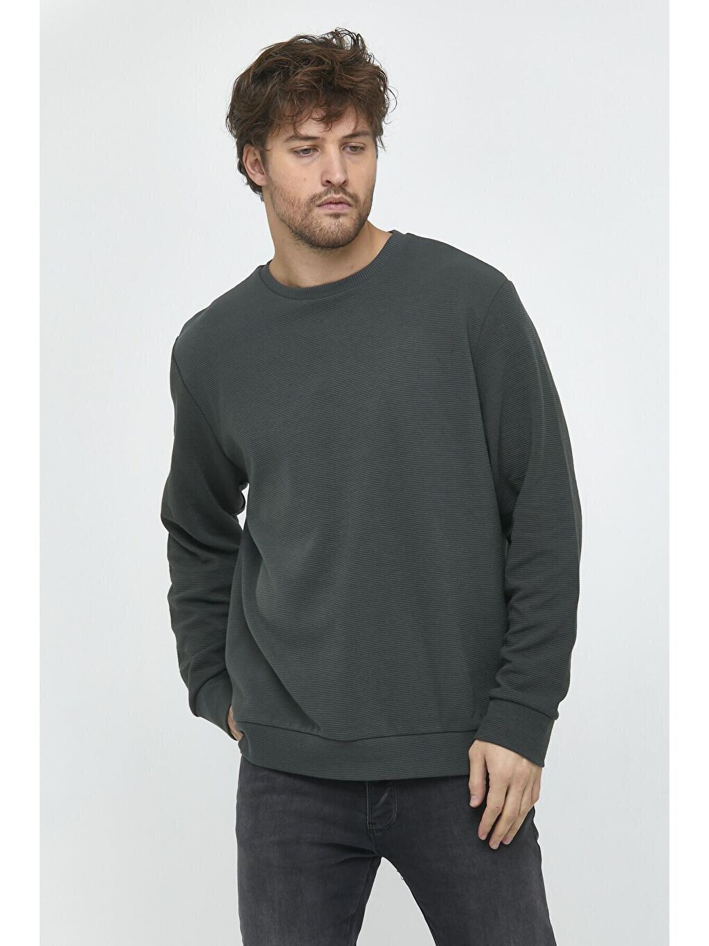 Haki Erkek Bisiklet Yaka Regular Fit İnce Sweatshirt SPR 20K30-4