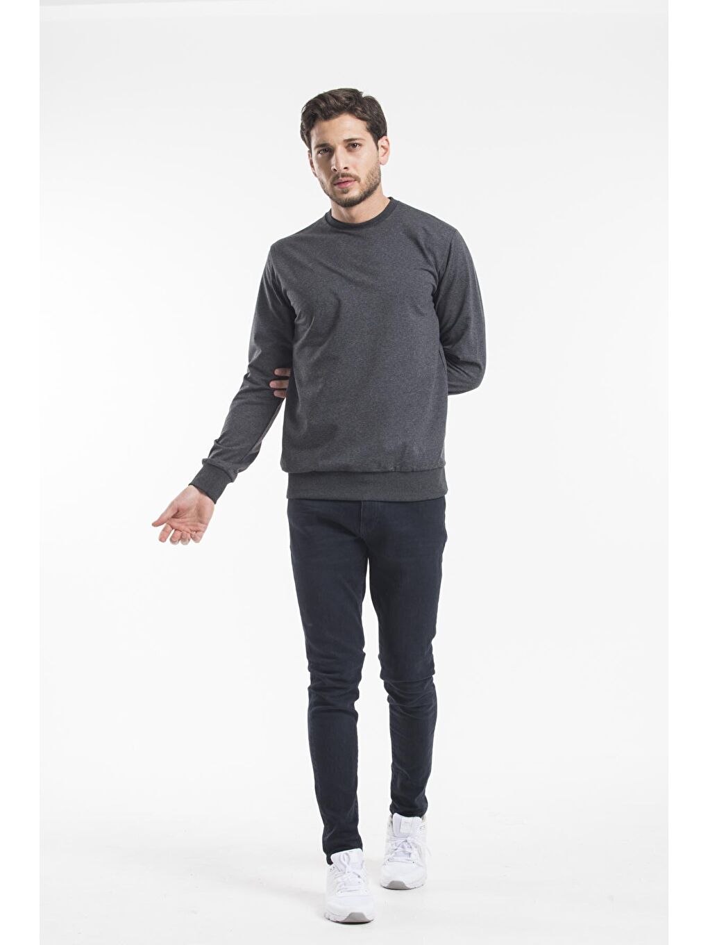 Antrasit Erkek Bisiklet Yaka Regular Fit İnce Büyük Beden Sweatshirt SPR 20K30