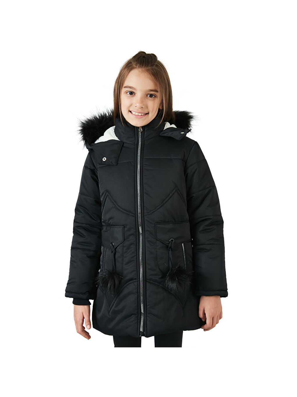 Siyah İçi Pelüş Astarlı Kapüşonlu Şişme Kız Çocuk Mont 6035034-6