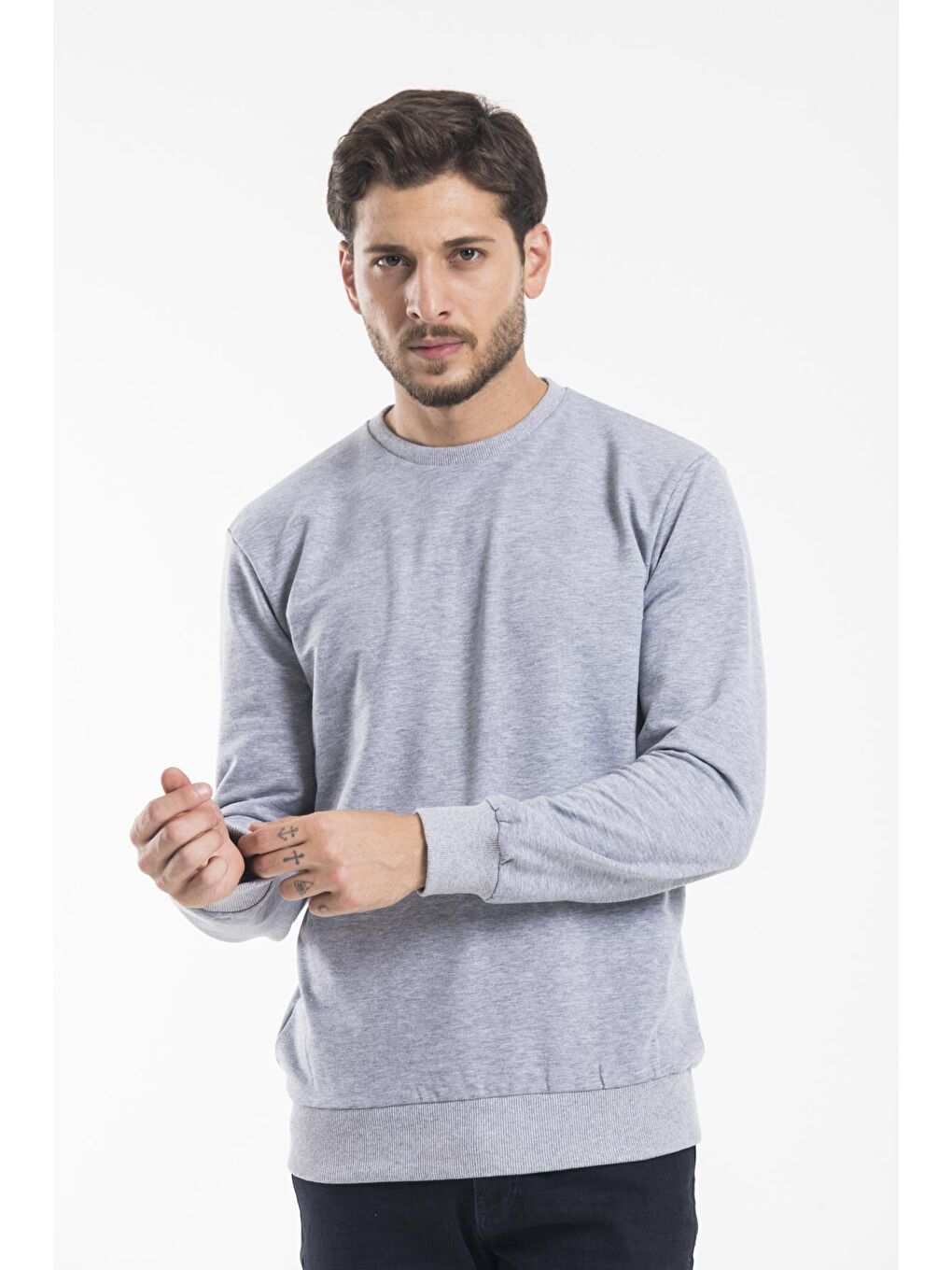 Gri Erkek Bisiklet Yaka Regular Fit İnce Büyük Beden Sweatshirt SPR 20K30-1