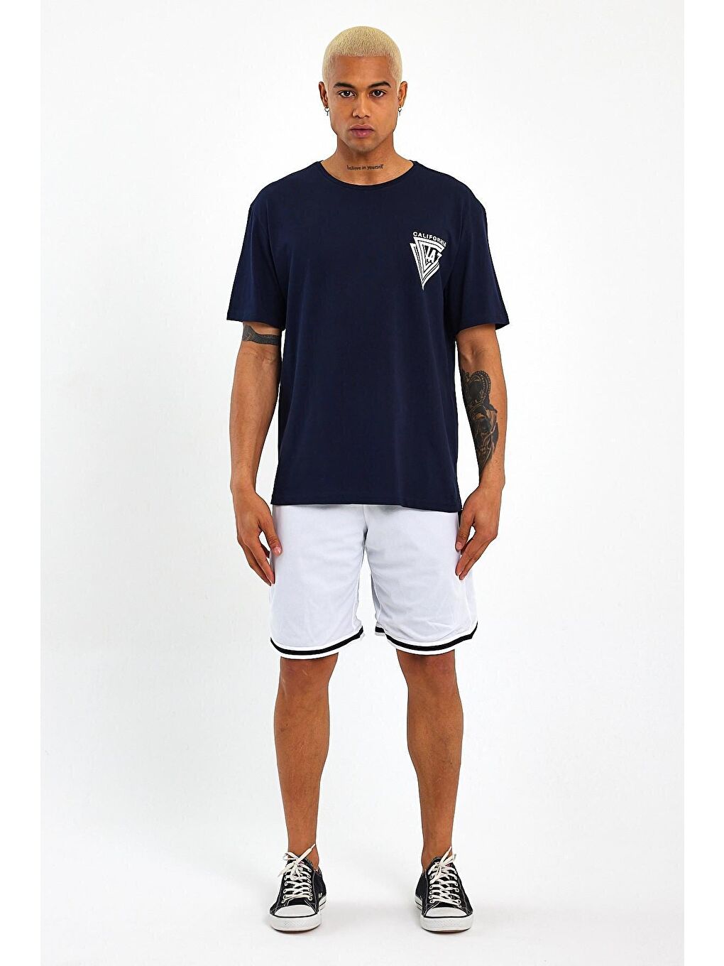 Lacivert Bisiklet Yaka Oversize Fit Baskılı Erkek Tişört spr23TS001