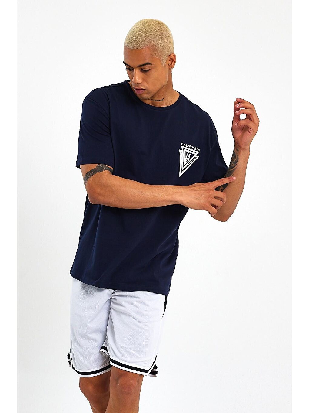 Lacivert Bisiklet Yaka Oversize Fit Baskılı Erkek Tişört spr23TS001-1