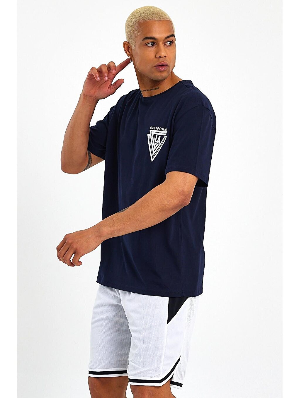 Lacivert Bisiklet Yaka Oversize Fit Baskılı Erkek Tişört spr23TS001-2