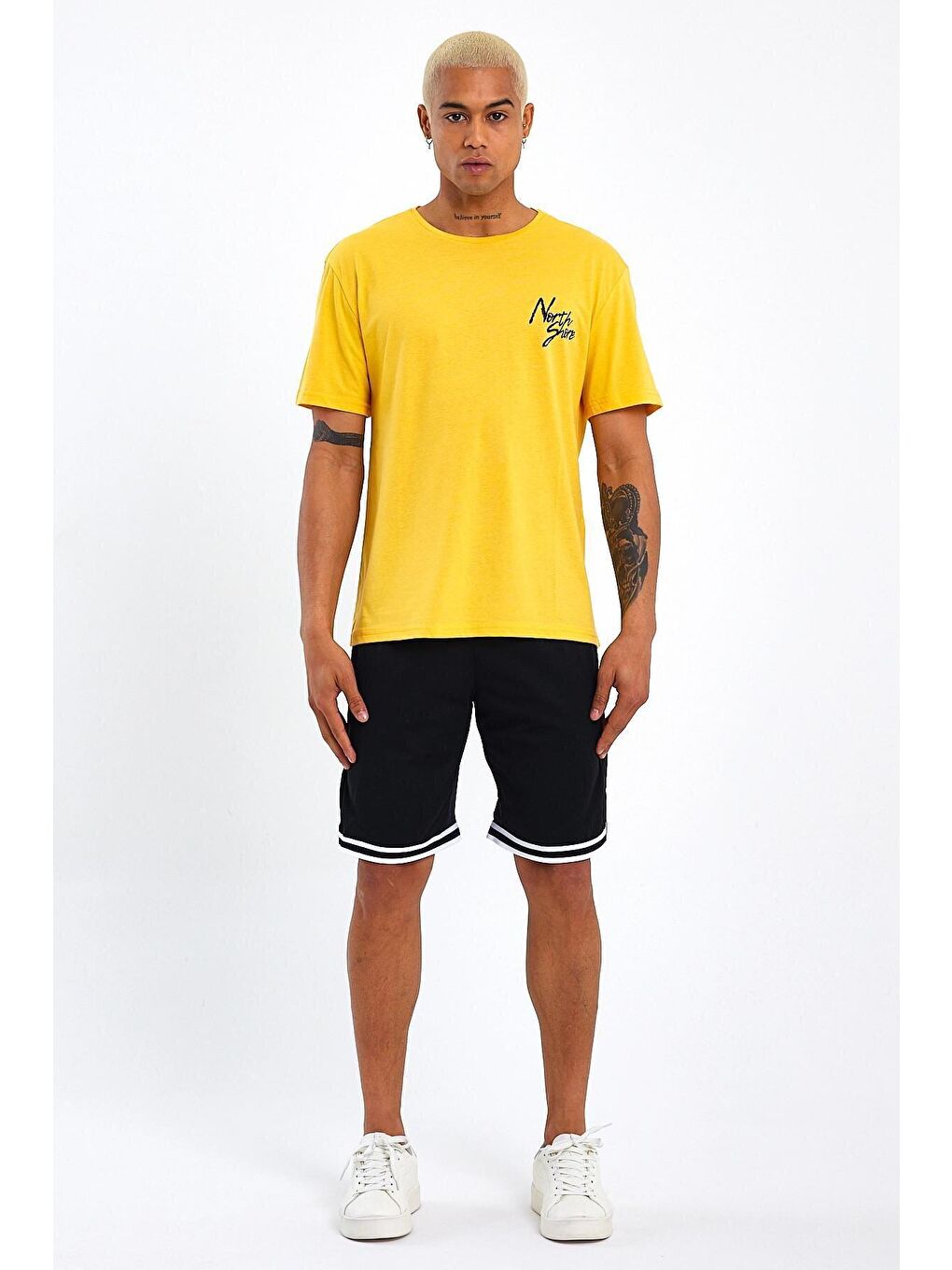 Sarı Bisiklet Yaka Oversize Fit Baskılı Erkek Tişört spr23TS001