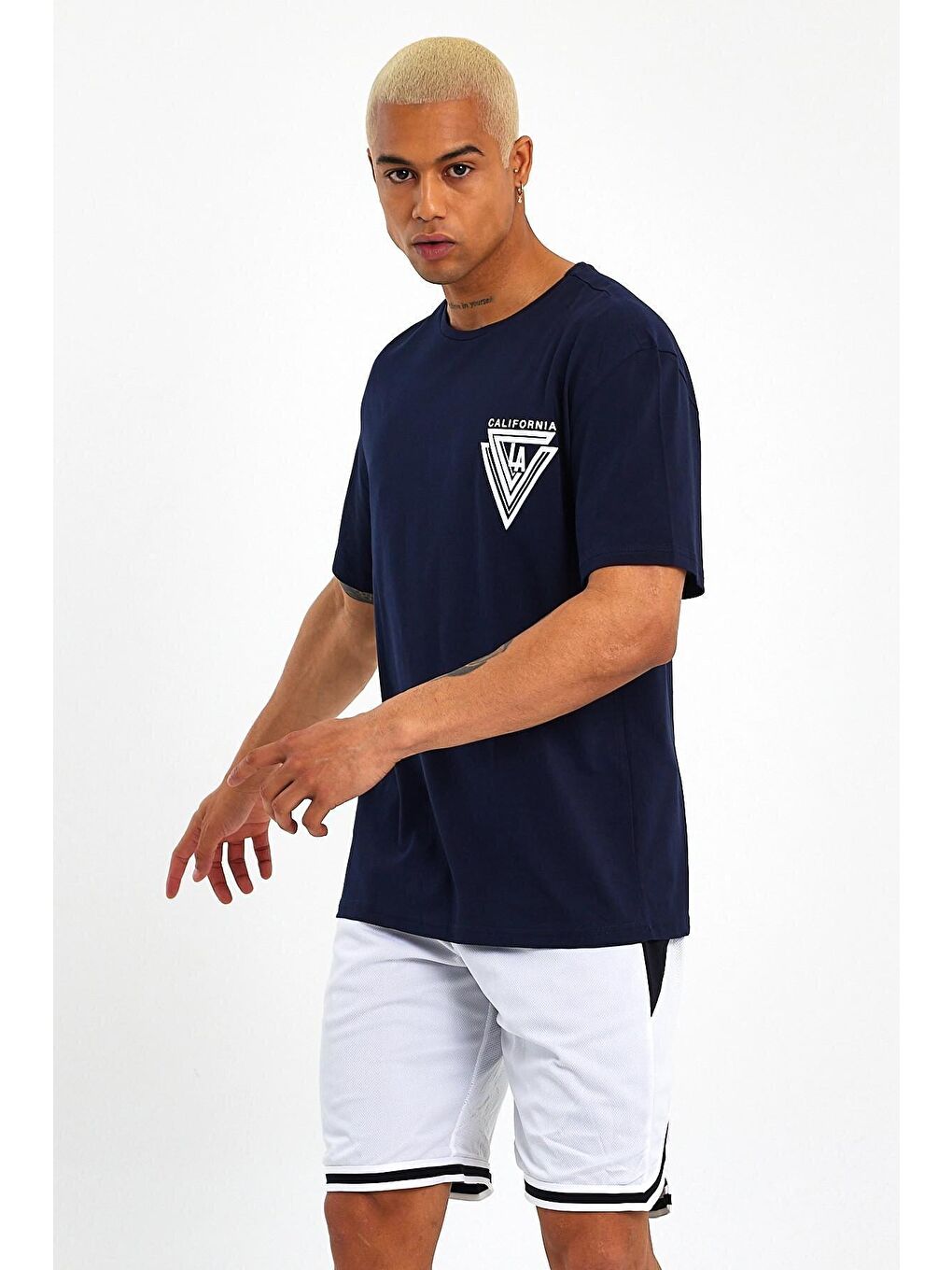 Lacivert Bisiklet Yaka Oversize Fit Baskılı Erkek Tişört spr23TS001-3