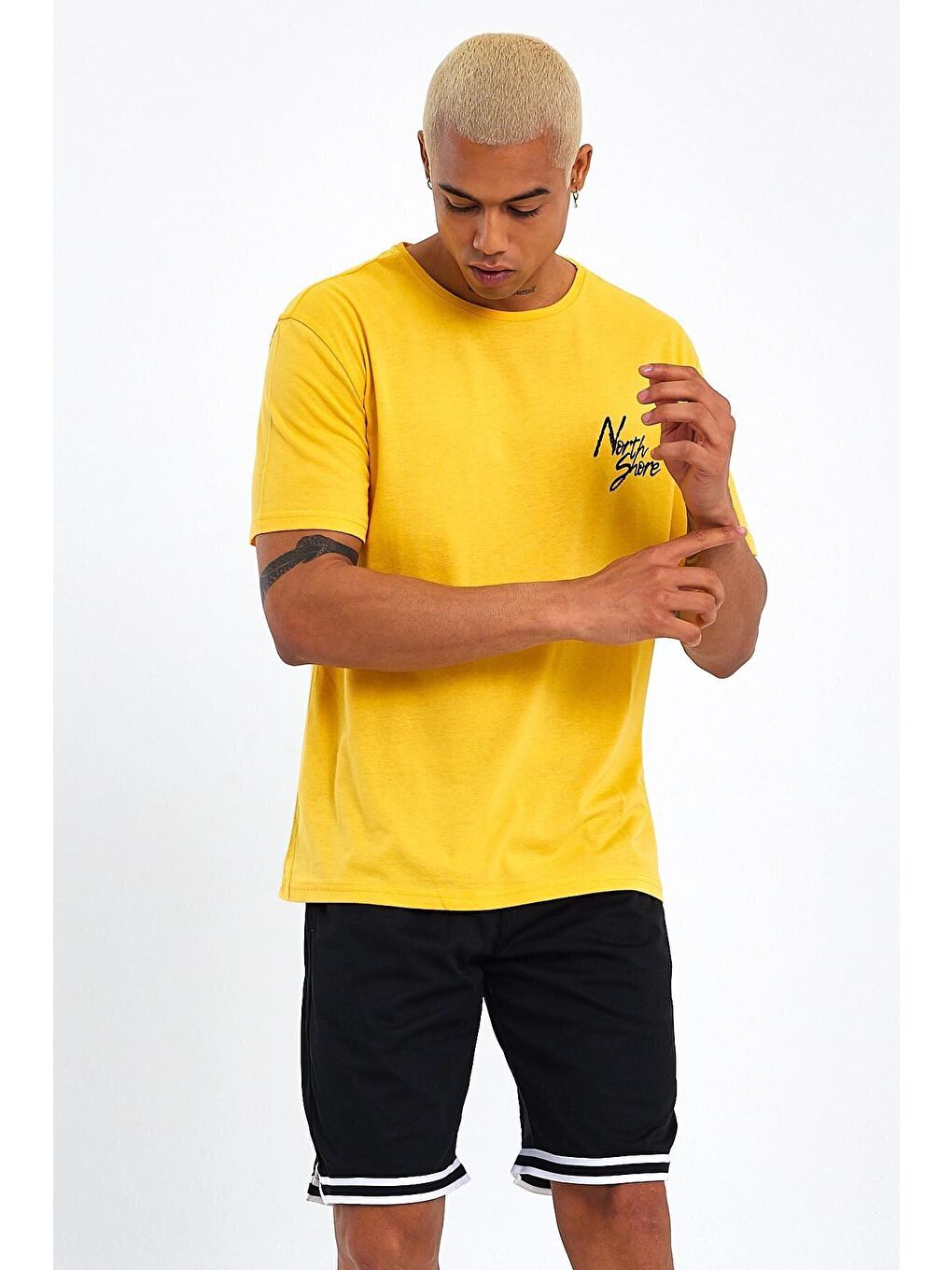 Sarı Bisiklet Yaka Oversize Fit Baskılı Erkek Tişört spr23TS001-1