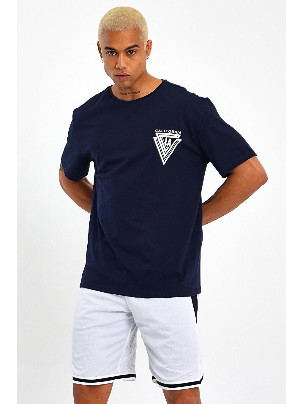 Lacivert Bisiklet Yaka Oversize Fit Baskılı Erkek Tişört spr23TS001-4