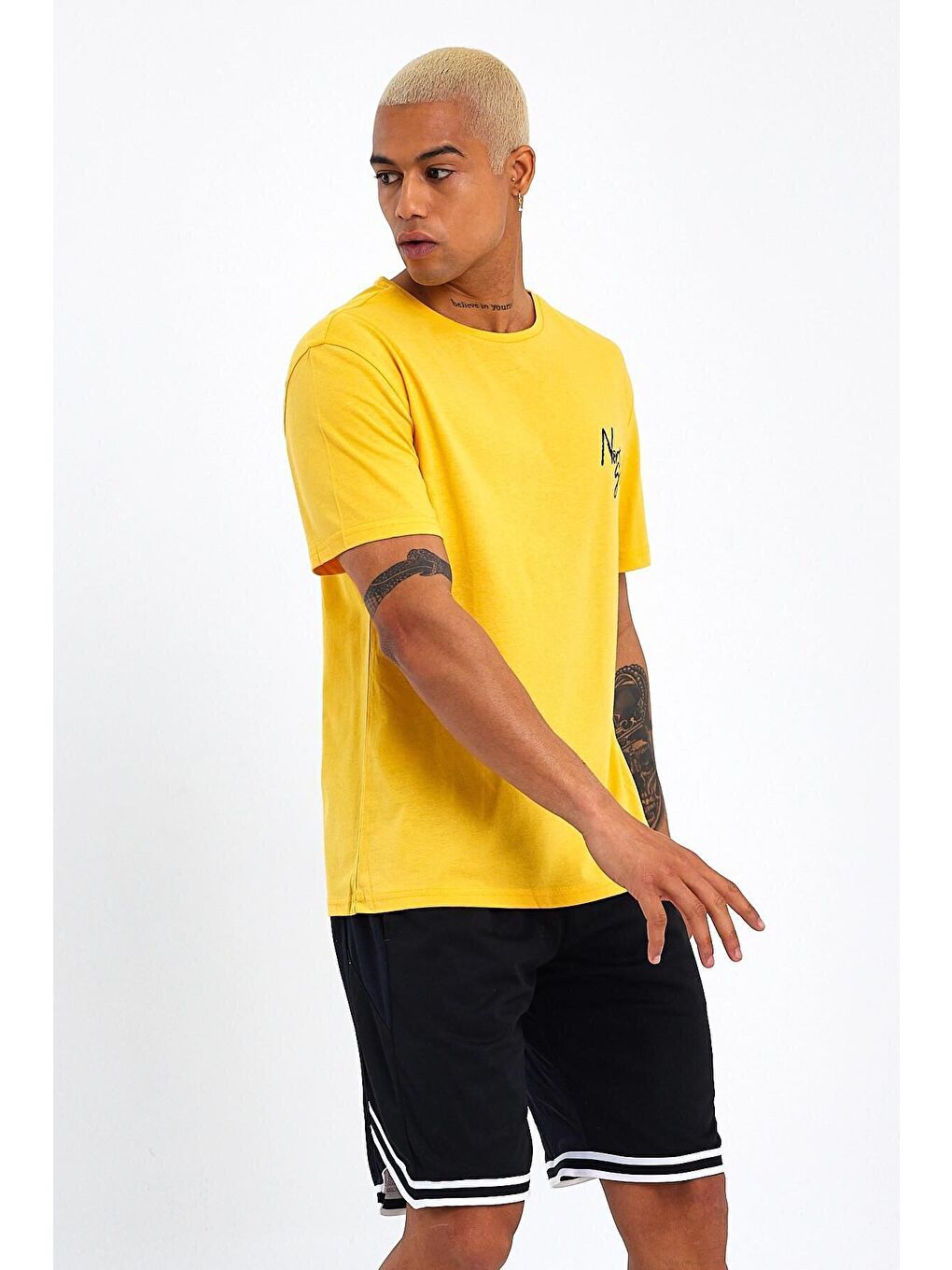 Sarı Bisiklet Yaka Oversize Fit Baskılı Erkek Tişört spr23TS001-2