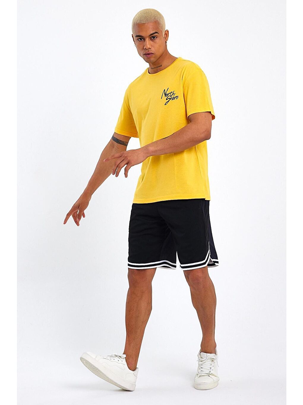 Sarı Bisiklet Yaka Oversize Fit Baskılı Erkek Tişört spr23TS001-3