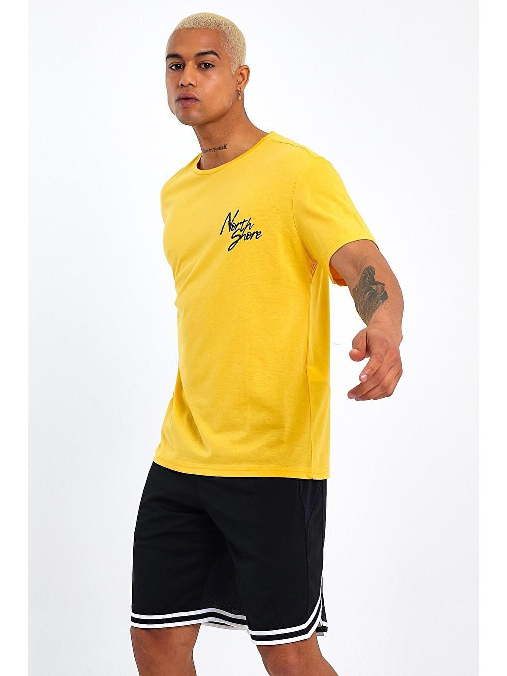 Sarı Bisiklet Yaka Oversize Fit Baskılı Erkek Tişört spr23TS001-4