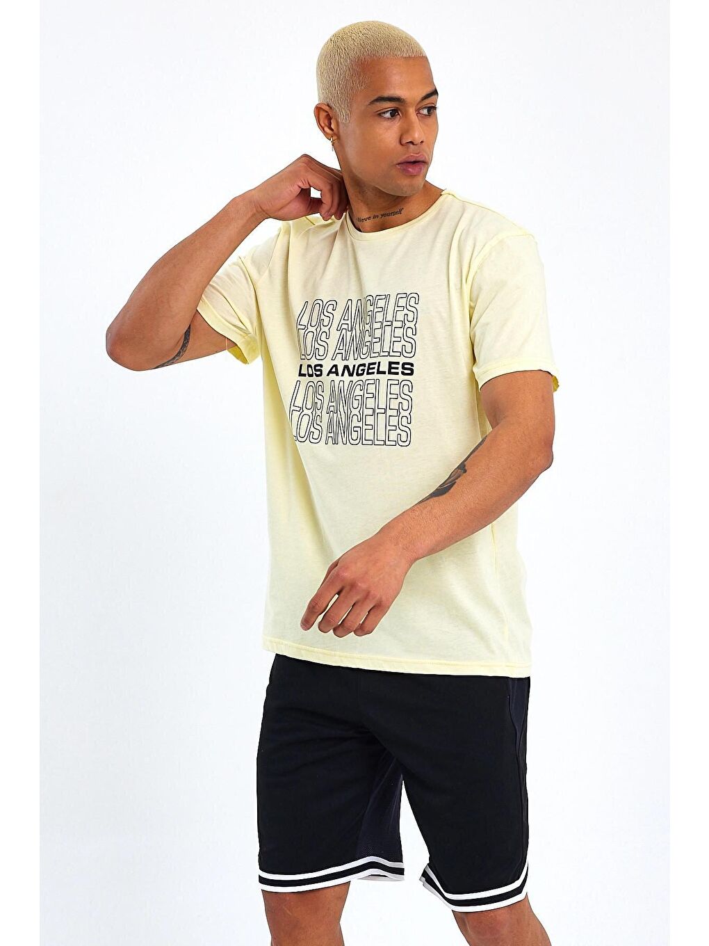 Sarı Bisiklet Yaka Regular Fit Baskılı Erkek Tişört SPR23ts305-1