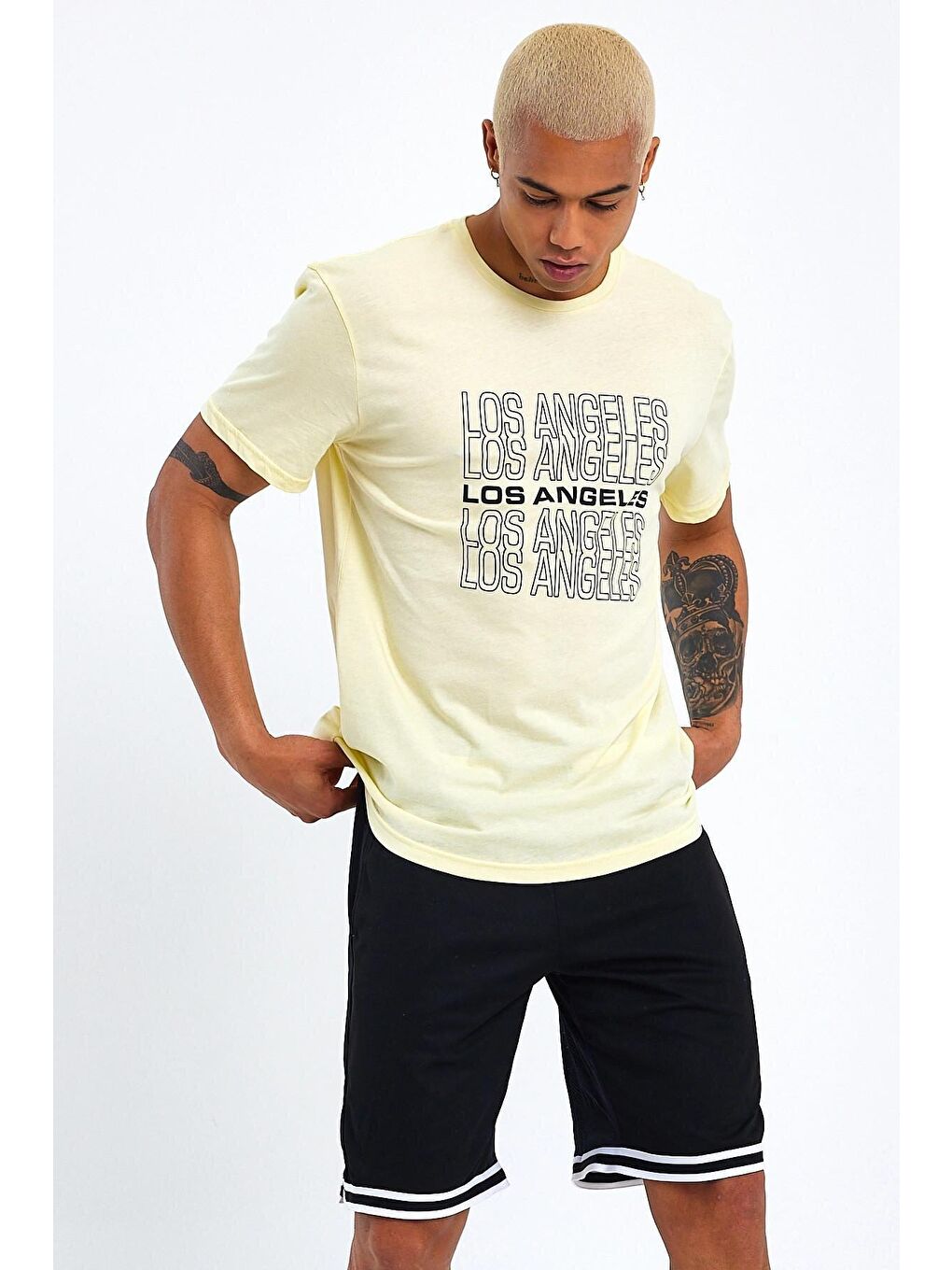 Sarı Bisiklet Yaka Regular Fit Baskılı Erkek Tişört SPR23ts305-3