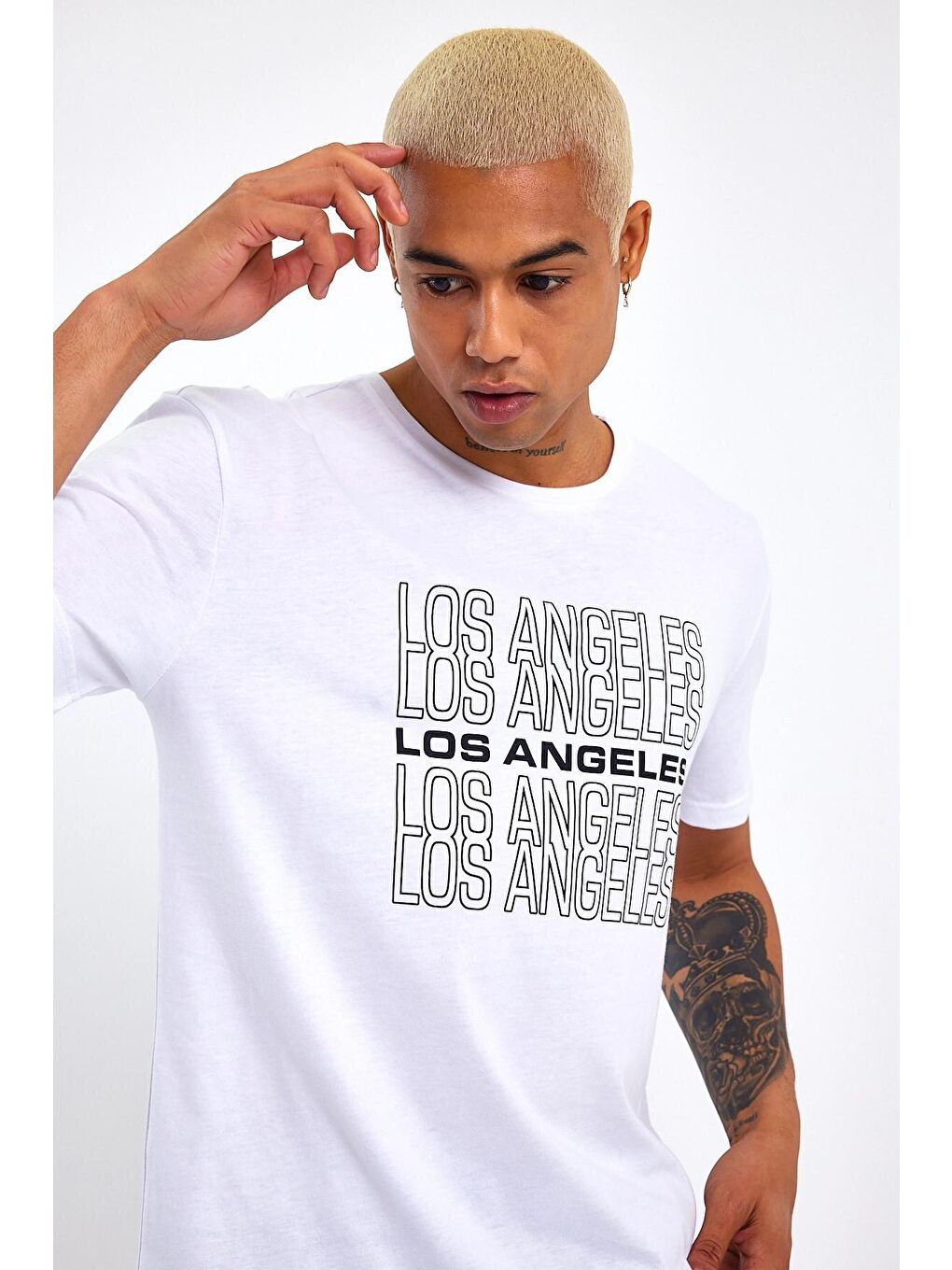 Beyaz Bisiklet Yaka Regular Fit Baskılı Erkek Tişört SPR23ts305-1