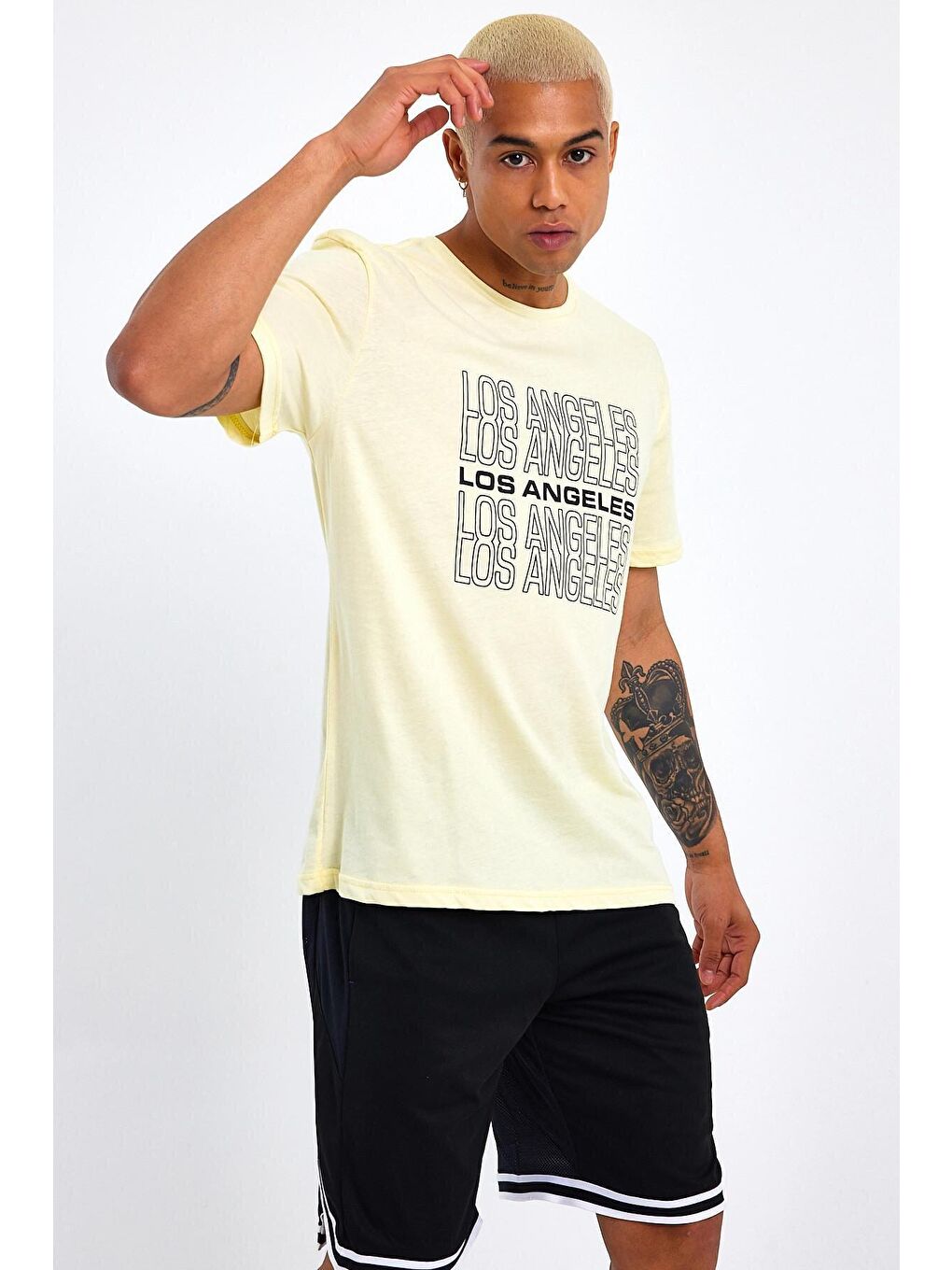 Sarı Bisiklet Yaka Regular Fit Baskılı Erkek Tişört SPR23ts305-4