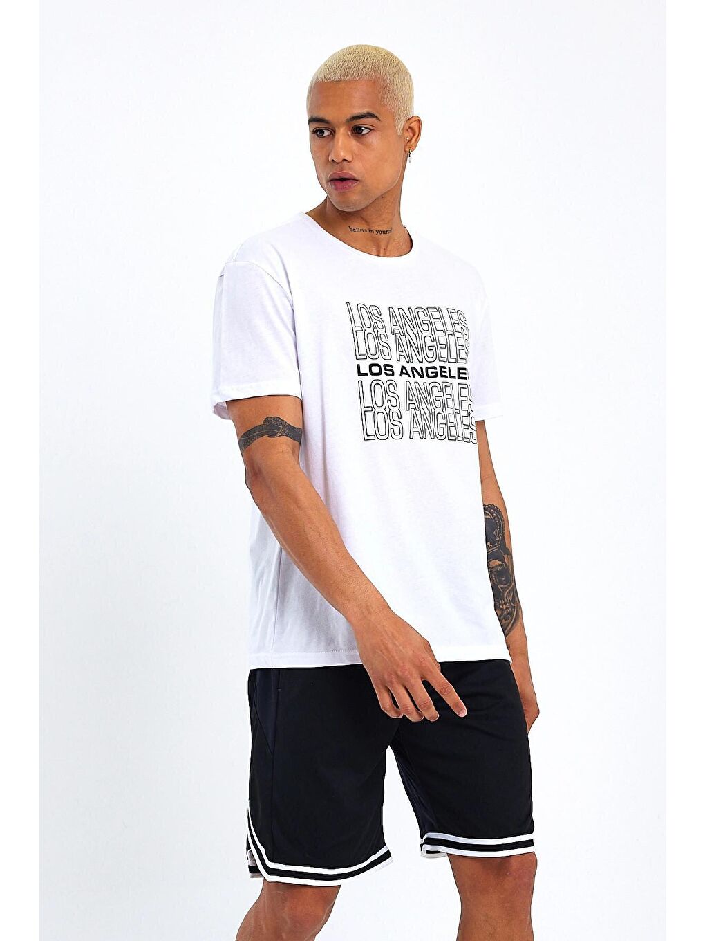 Beyaz Bisiklet Yaka Regular Fit Baskılı Erkek Tişört SPR23ts305-3