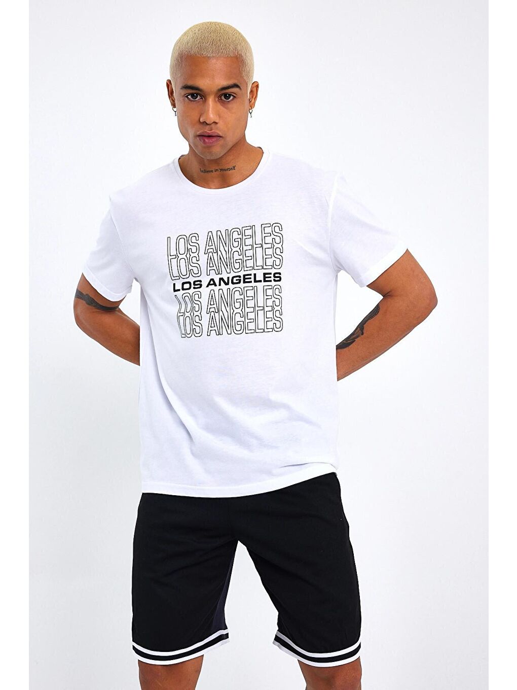 Beyaz Bisiklet Yaka Regular Fit Baskılı Erkek Tişört SPR23ts305-4