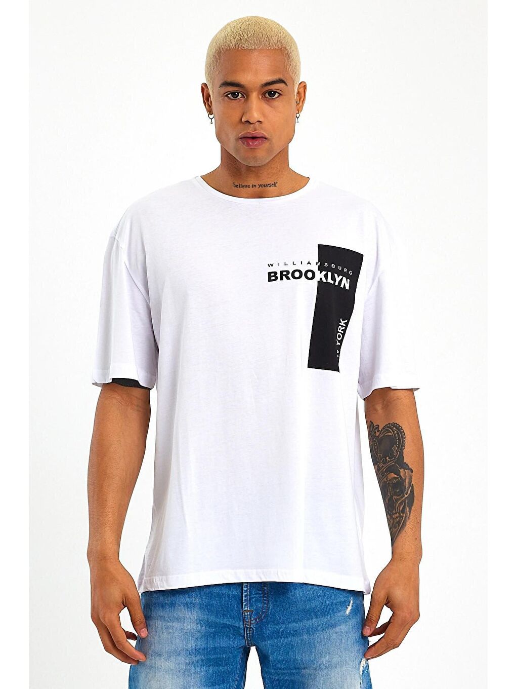 Beyaz Bisiklet Yaka Slim Fit Baskılı Erkek Tişört SPR21Y21-1