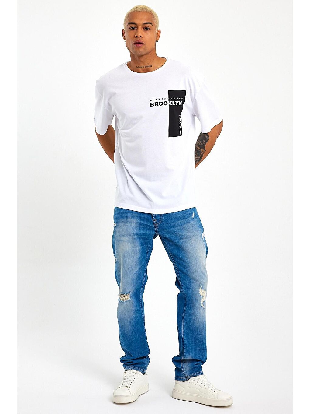 Beyaz Bisiklet Yaka Slim Fit Baskılı Erkek Tişört SPR21Y21-2