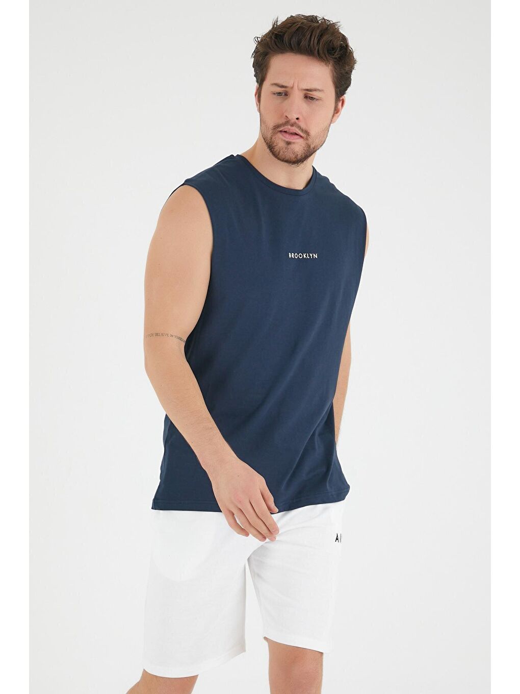 Lacivert Erkek Bisiklet Yaka Regular Fit Brooklyn Baskılı Tişört SPR22TS122-3